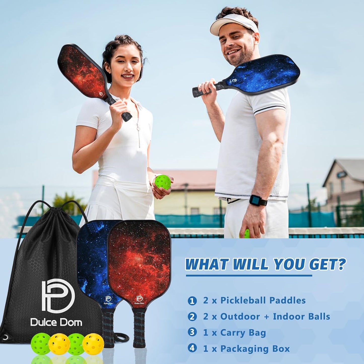 DULCE DOM Pickleball Paddles Set of 2/4 - USAPA Approved, Fiberglass/Carbon Fiber Pickleball Racket with 4 Indoor Outdoor Pickleball Balls and Pickleball Bag, Ideal Pickleball Training Equipment