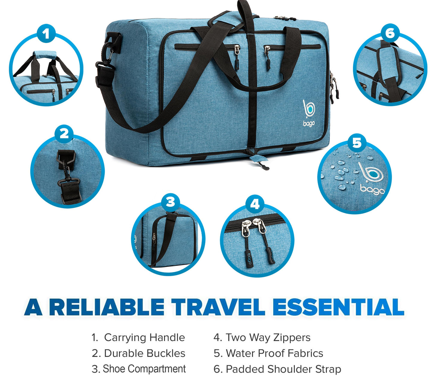 Bago Foldable Duffel Bags for Traveling Women & Men - 40L Sports Packable Duffle Bag for Travel with Shoe Compartment - Water Repellant, Heavy Duty, Lightweight Folding & Collapsible (SnowPink)