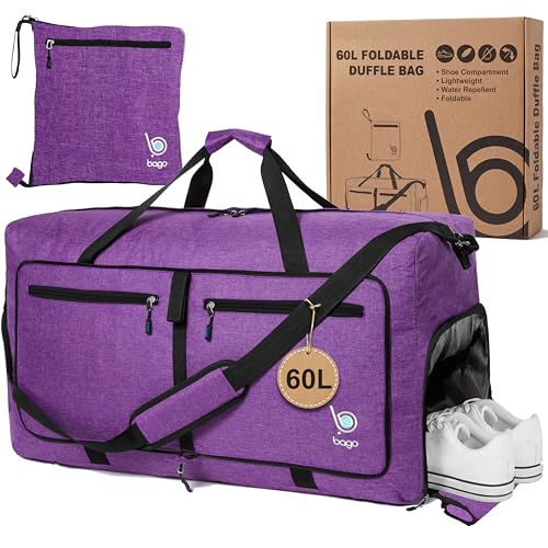 Bago Foldable Duffel Bags for Traveling Women & Men - 40L Sports Packable Duffle Bag for Travel with Shoe Compartment - Water Repellant, Heavy Duty, Lightweight Folding & Collapsible (SnowPink)