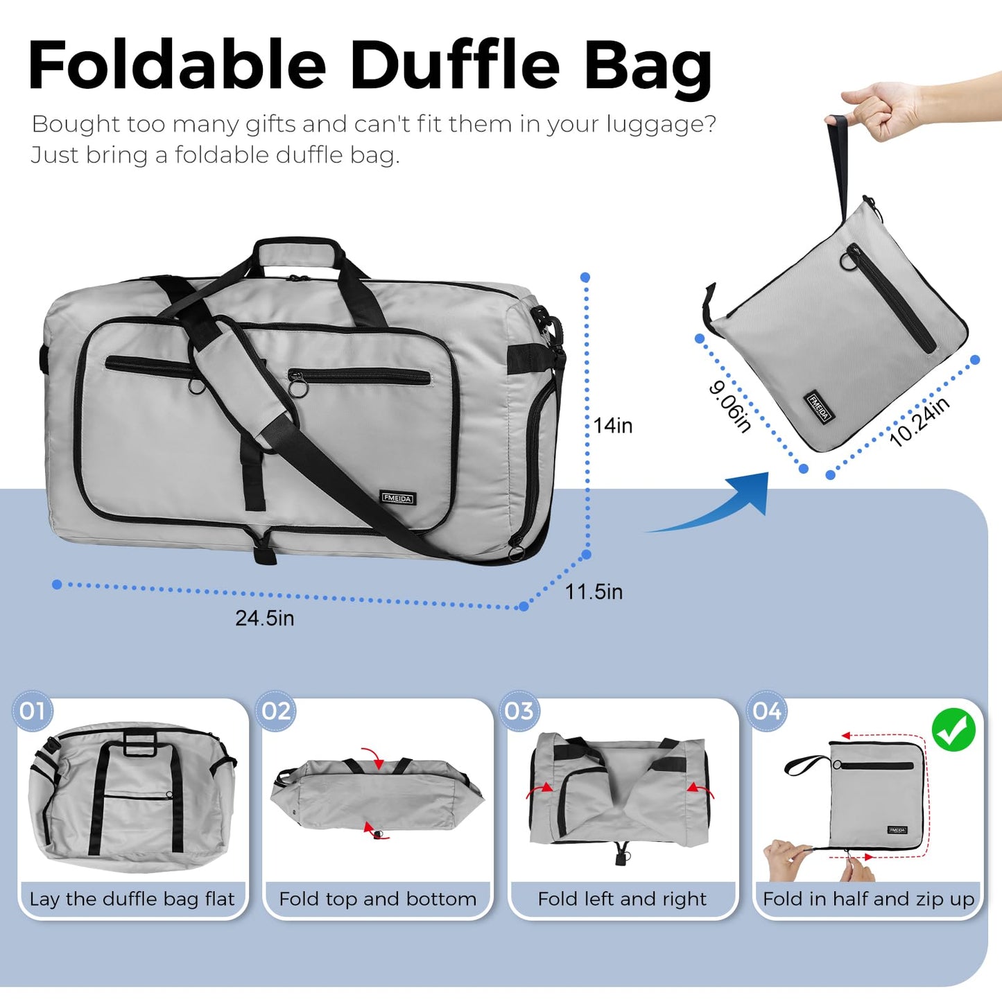 Fmeida 65L Duffle Bag with Shoes Compartment, Foldable Travel Duffel Bags for Men Women, Large Packable Travel Bag Water Repellent & Tear Resistant (Black)