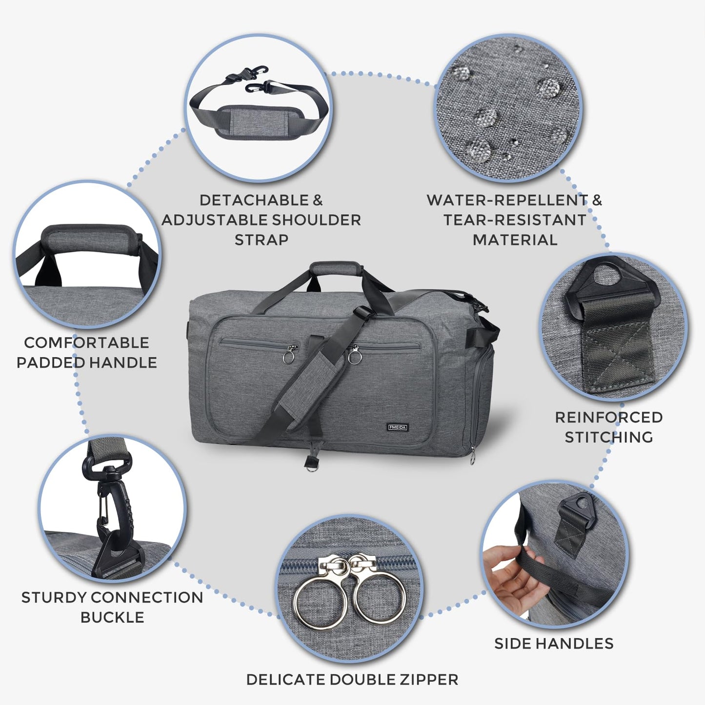 Fmeida 65L Duffle Bag with Shoes Compartment, Foldable Travel Duffel Bags for Men Women, Large Packable Travel Bag Water Repellent & Tear Resistant (Black)