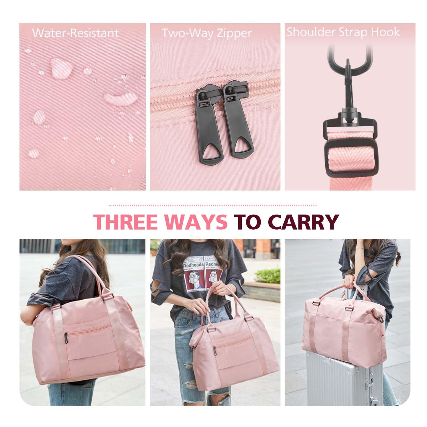 TOPBAG Travel Duffle Bag, Waterproof Weekender Carry On Tote Bags for Women, Sport Gym Bag for Men, Hospital Bag for Labor and Delivery, Overnight Luggage Bag with Trolley Sleeve Coral Pink