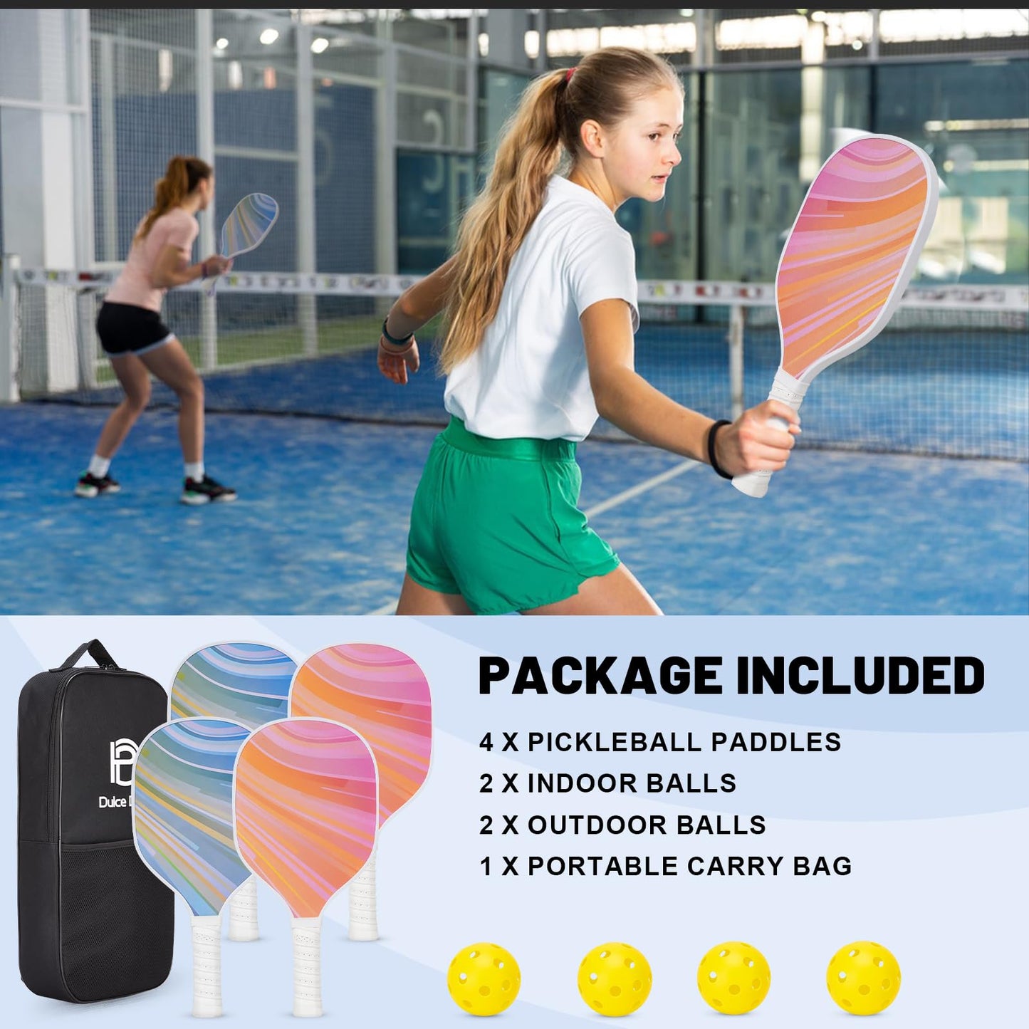 DULCE DOM Pickleball Paddles Set of 2/4 - USAPA Approved, Fiberglass/Carbon Fiber Pickleball Racket with 4 Indoor Outdoor Pickleball Balls and Pickleball Bag, Ideal Pickleball Training Equipment