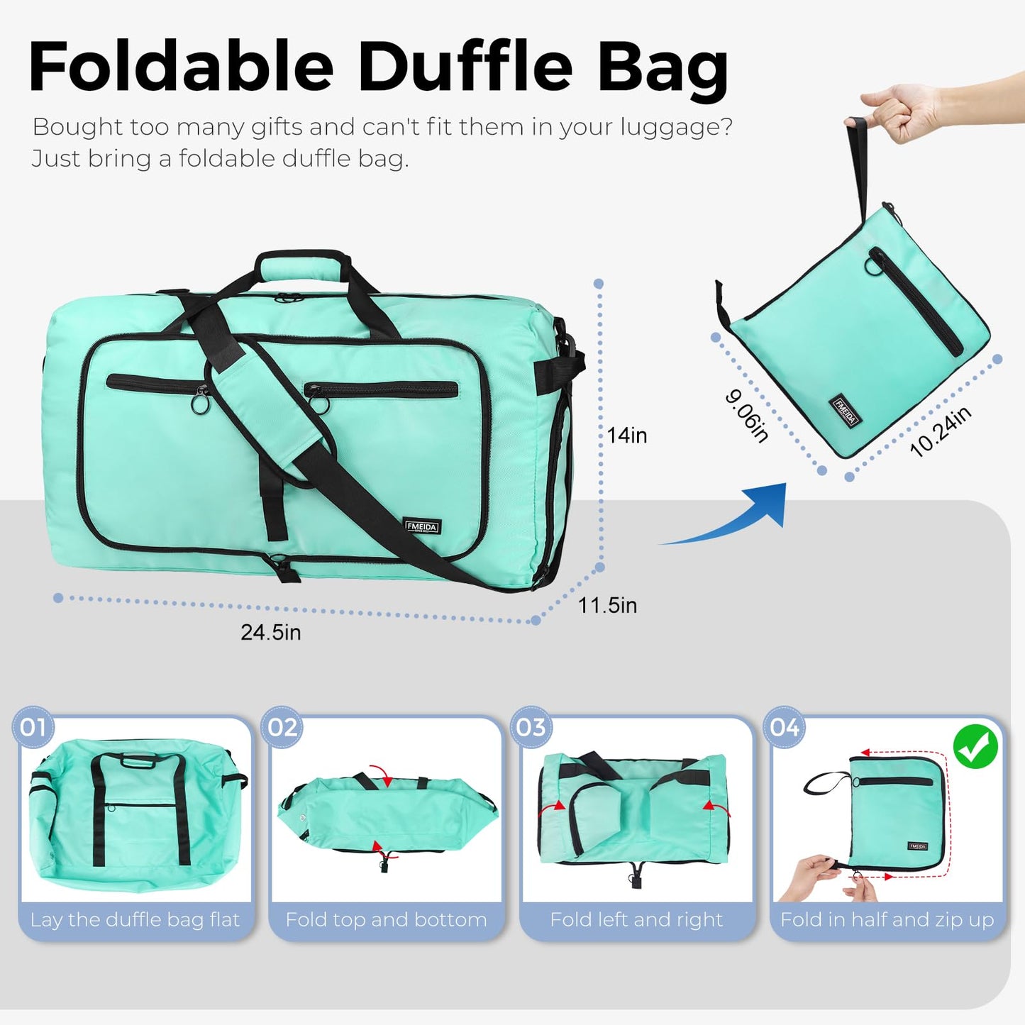 Fmeida 65L Duffle Bag with Shoes Compartment, Foldable Travel Duffel Bags for Men Women, Large Packable Travel Bag Water Repellent & Tear Resistant (Black)