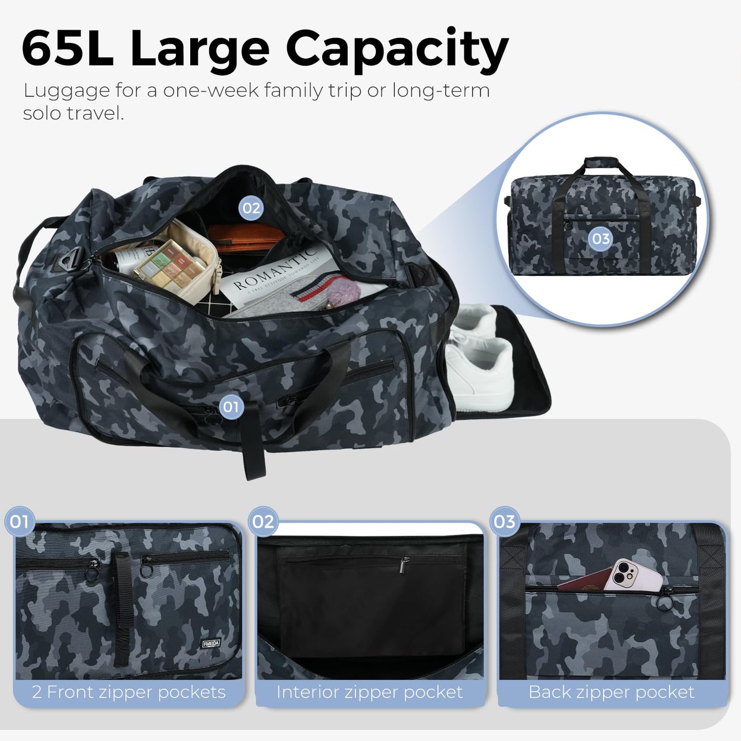 Fmeida 65L Duffle Bag with Shoes Compartment, Foldable Travel Duffel Bags for Men Women, Large Packable Travel Bag Water Repellent & Tear Resistant (Black)