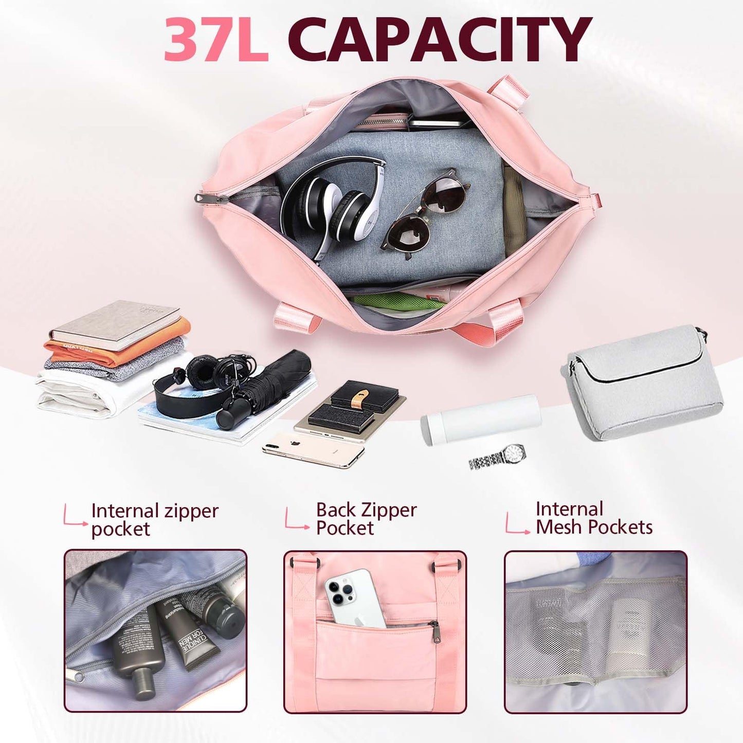 TOPBAG Travel Duffle Bag, Waterproof Weekender Carry On Tote Bags for Women, Sport Gym Bag for Men, Hospital Bag for Labor and Delivery, Overnight Luggage Bag with Trolley Sleeve Coral Pink