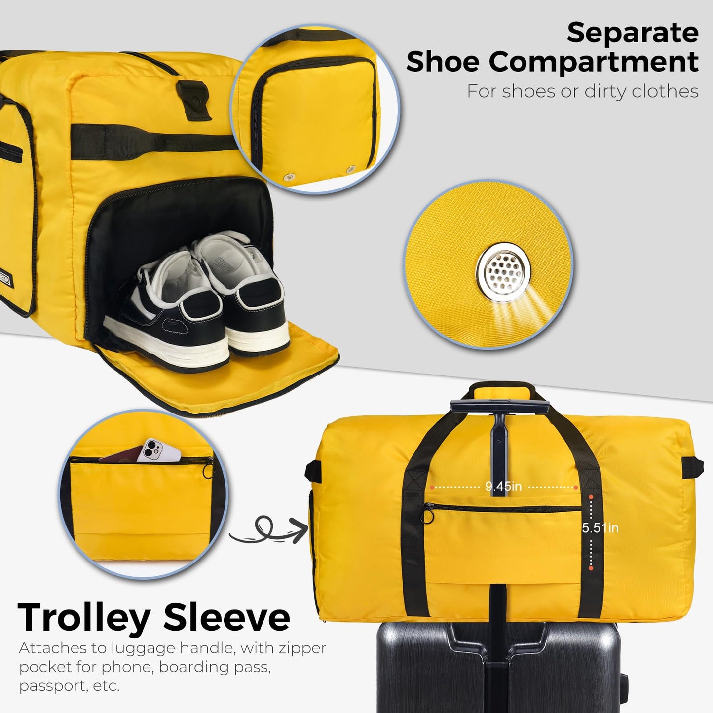 Fmeida 65L Duffle Bag with Shoes Compartment, Foldable Travel Duffel Bags for Men Women, Large Packable Travel Bag Water Repellent & Tear Resistant (Black)