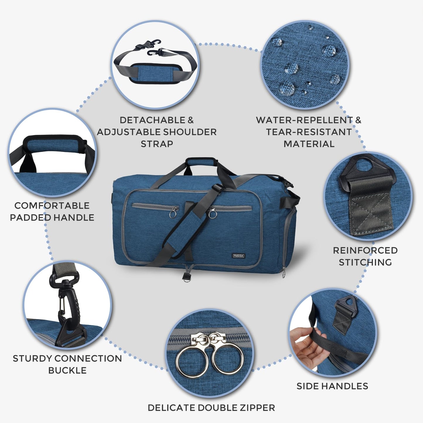 Fmeida 65L Duffle Bag with Shoes Compartment, Foldable Travel Duffel Bags for Men Women, Large Packable Travel Bag Water Repellent & Tear Resistant (Black)