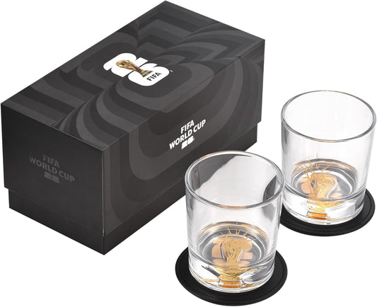 Official FIFA World Cup 2026 Edition - 8oz Whiskey Glass & Leather Coasters Gift Set - 2 of Each - Perfect for Parties, Bars, Tailgates, Mancaves & Gamedays - Once in a Lifetime Drinkware Set