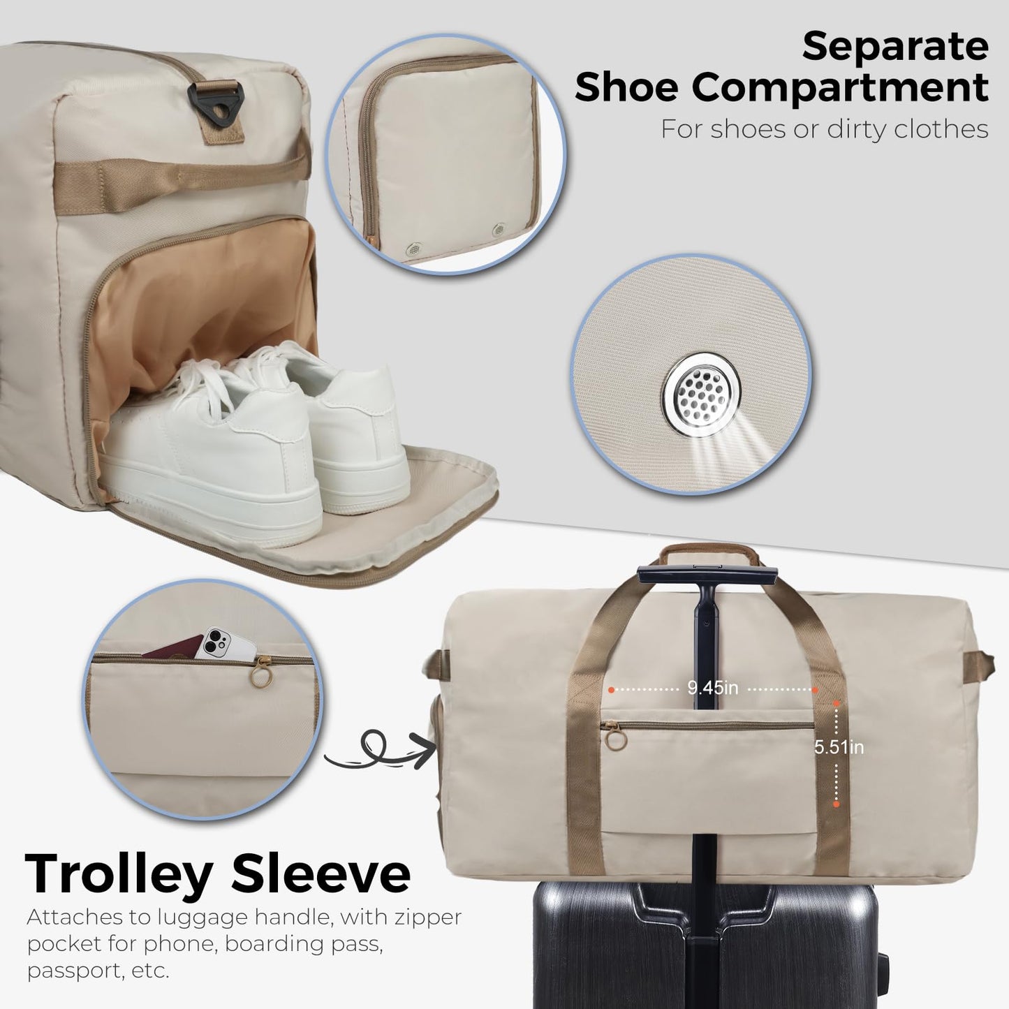 Fmeida 65L Duffle Bag with Shoes Compartment, Foldable Travel Duffel Bags for Men Women, Large Packable Travel Bag Water Repellent & Tear Resistant (Black)