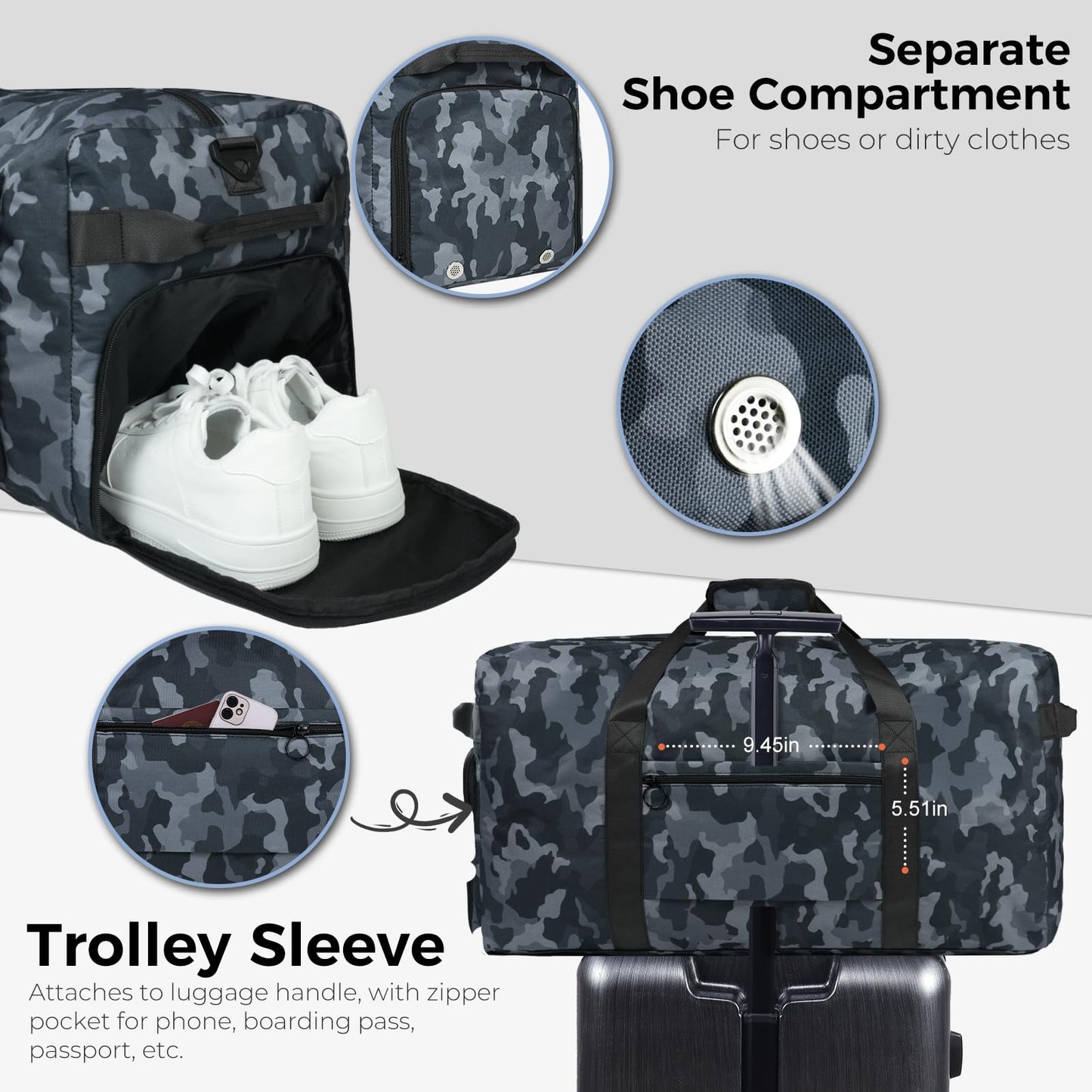 Fmeida 65L Duffle Bag with Shoes Compartment, Foldable Travel Duffel Bags for Men Women, Large Packable Travel Bag Water Repellent & Tear Resistant (Black)