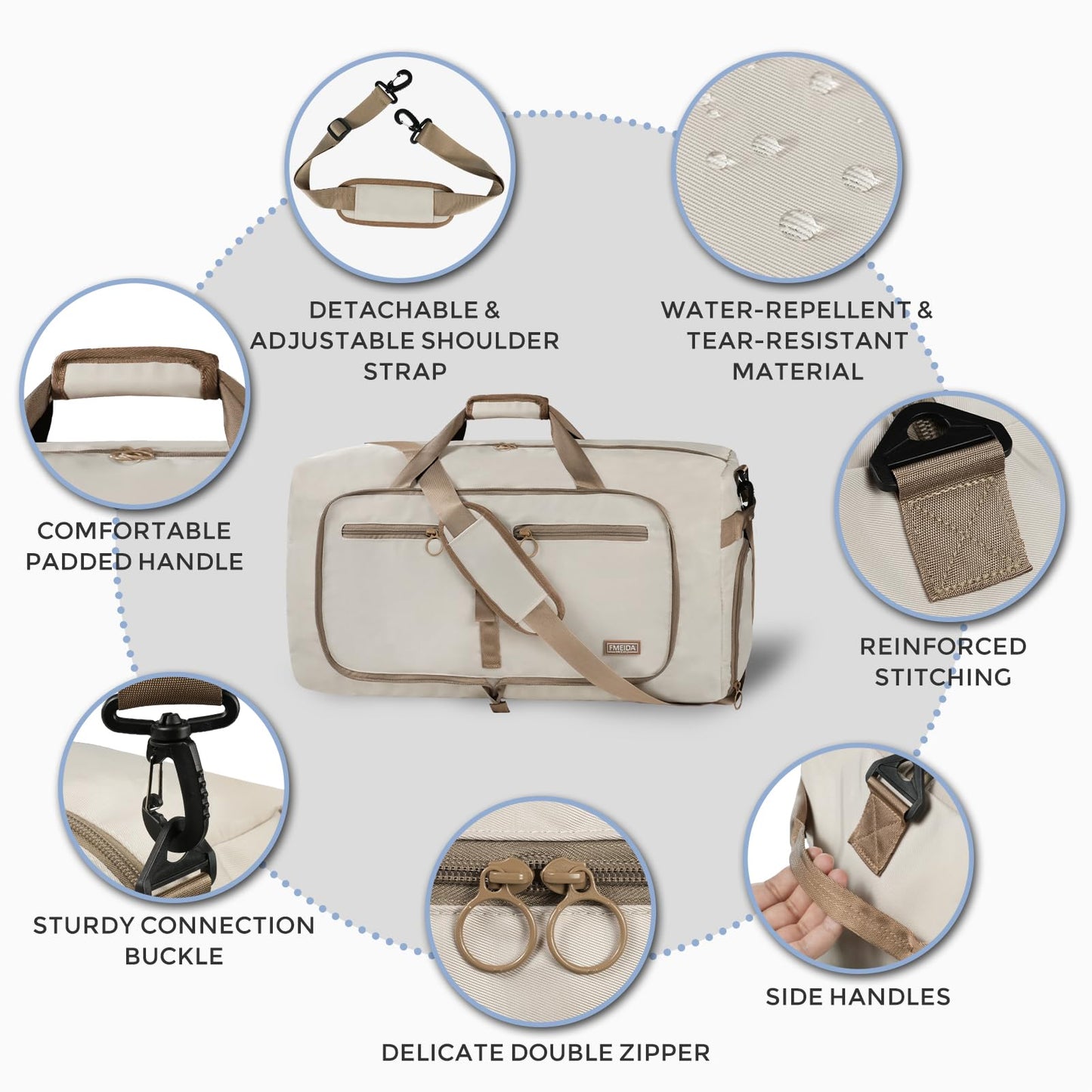 Fmeida 65L Duffle Bag with Shoes Compartment, Foldable Travel Duffel Bags for Men Women, Large Packable Travel Bag Water Repellent & Tear Resistant (Black)