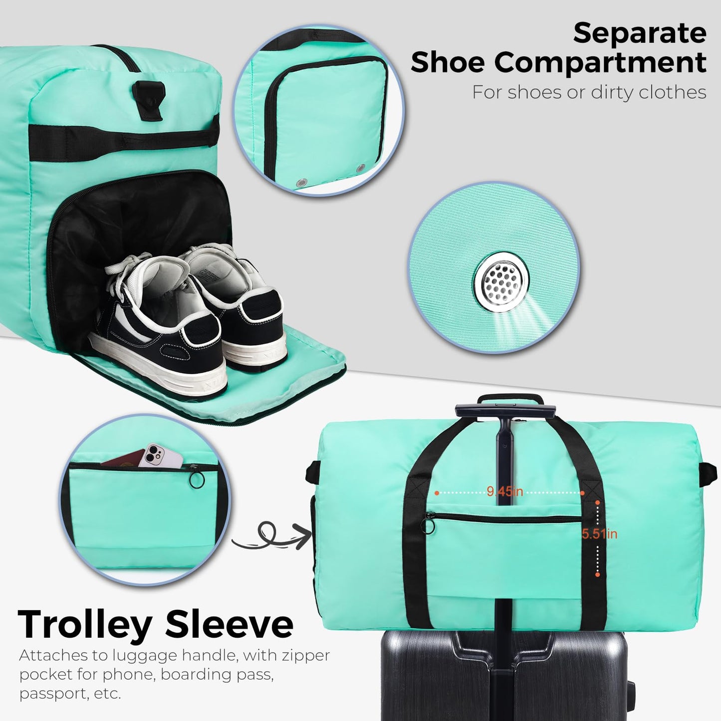 Fmeida 65L Duffle Bag with Shoes Compartment, Foldable Travel Duffel Bags for Men Women, Large Packable Travel Bag Water Repellent & Tear Resistant (Black)