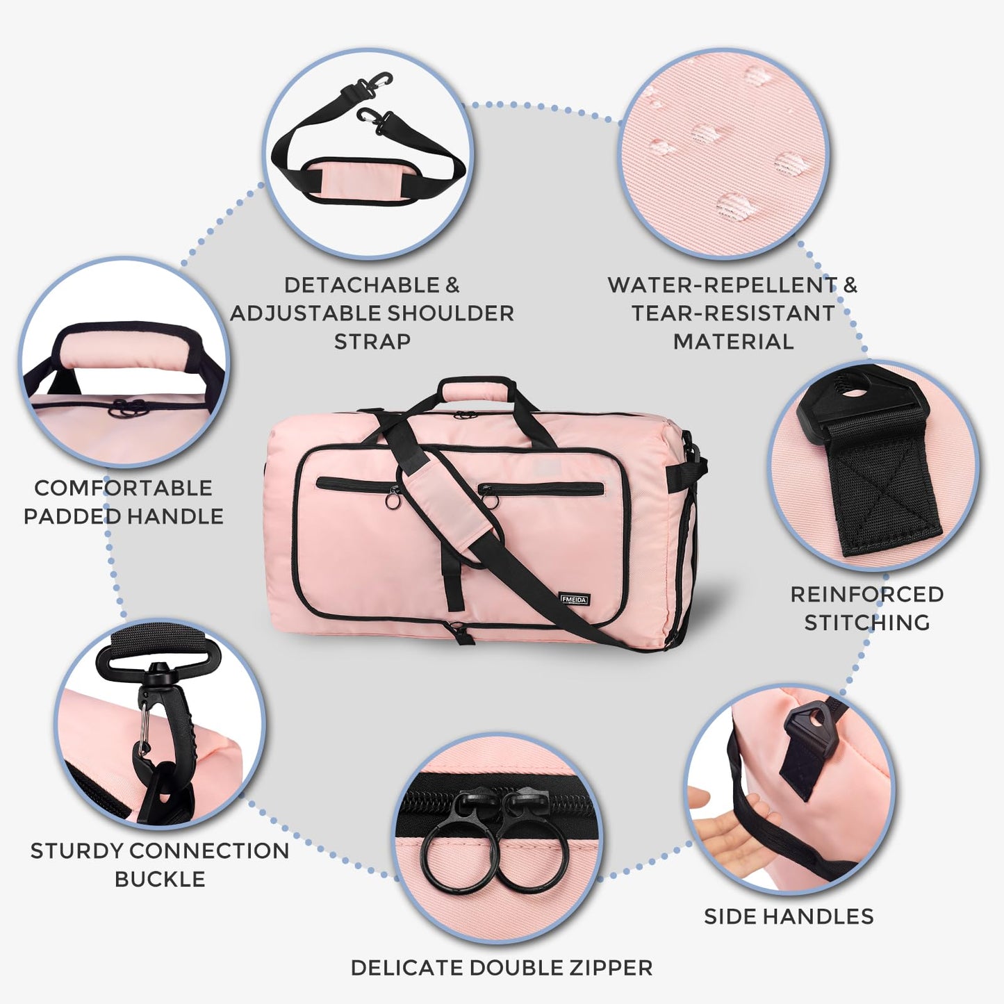 Fmeida 65L Duffle Bag with Shoes Compartment, Foldable Travel Duffel Bags for Men Women, Large Packable Travel Bag Water Repellent & Tear Resistant (Black)