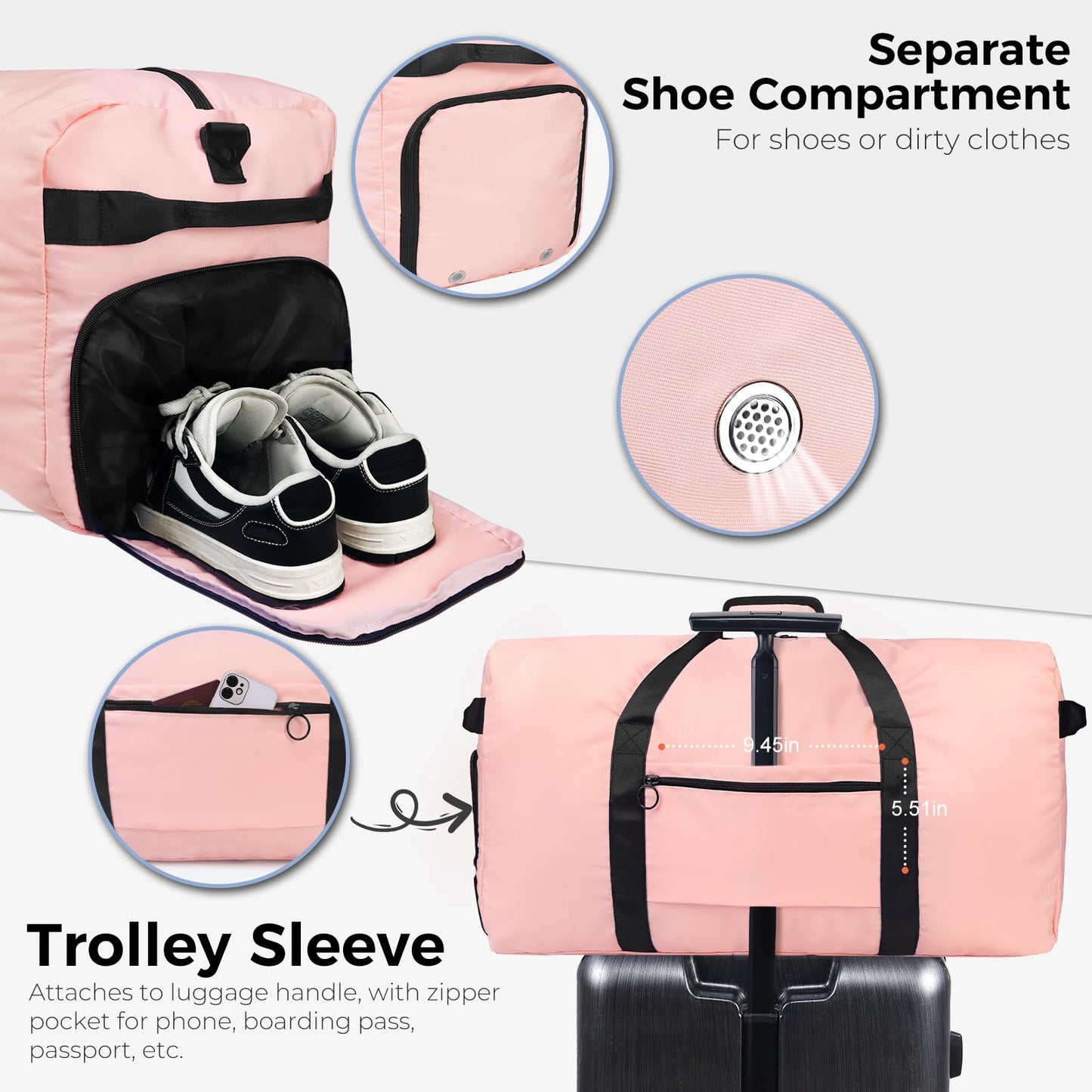 Fmeida 65L Duffle Bag with Shoes Compartment, Foldable Travel Duffel Bags for Men Women, Large Packable Travel Bag Water Repellent & Tear Resistant (Black)