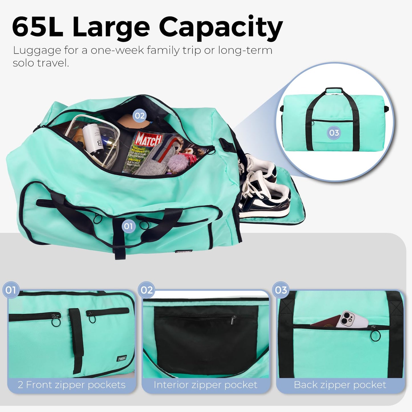 Fmeida 65L Duffle Bag with Shoes Compartment, Foldable Travel Duffel Bags for Men Women, Large Packable Travel Bag Water Repellent & Tear Resistant (Black)