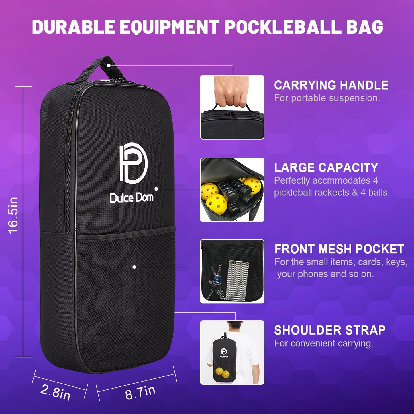 DULCE DOM Pickleball Paddles Set of 2/4 - USAPA Approved, Fiberglass/Carbon Fiber Pickleball Racket with 4 Indoor Outdoor Pickleball Balls and Pickleball Bag, Ideal Pickleball Training Equipment