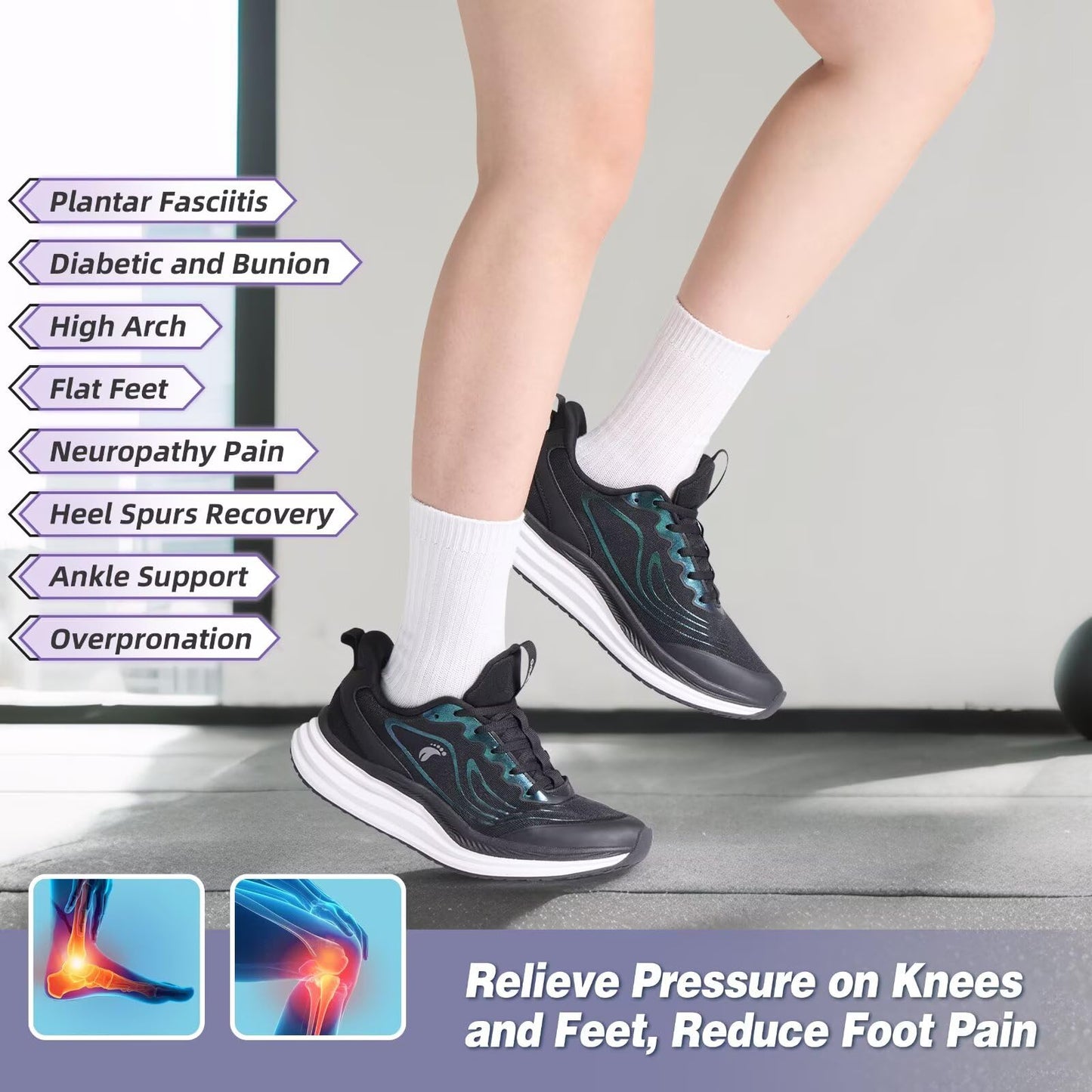 Women's Orthopedic Road Running Shoes: Comfortable Arch Support Plantar Fasciitis Sports Sneakers, Casual Orthotic High Arch Flat Feet Tennis Work Walking Shoes for Foot Heel and Pain Relief