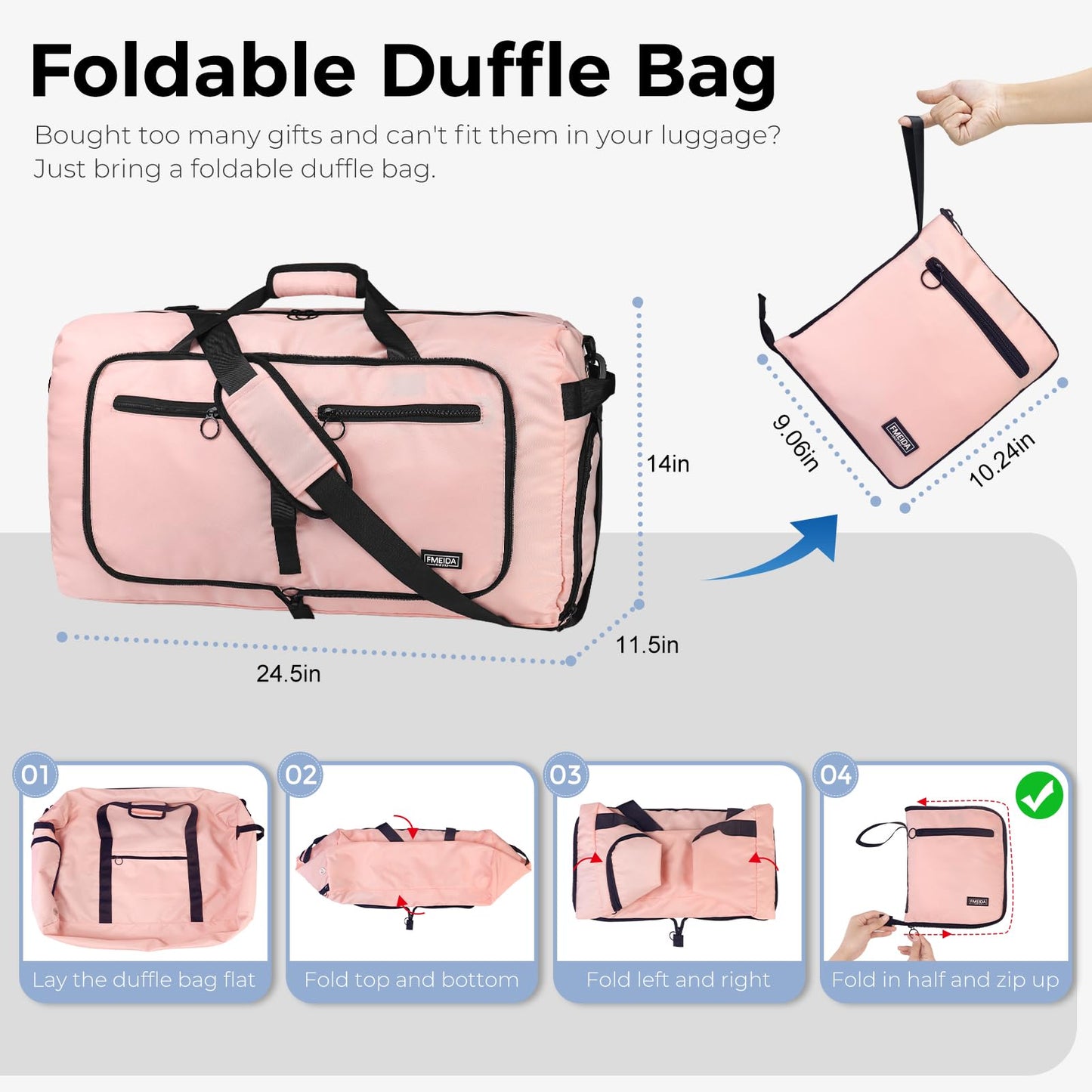 Fmeida 65L Duffle Bag with Shoes Compartment, Foldable Travel Duffel Bags for Men Women, Large Packable Travel Bag Water Repellent & Tear Resistant (Black)