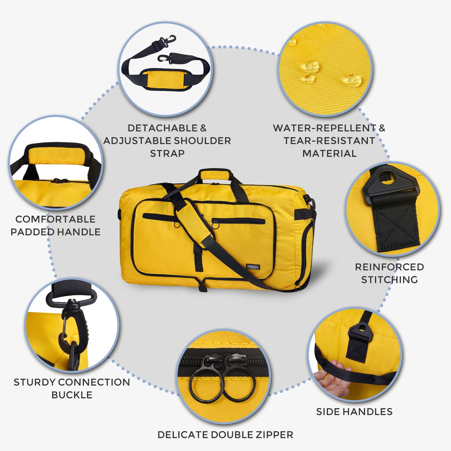 Fmeida 65L Duffle Bag with Shoes Compartment, Foldable Travel Duffel Bags for Men Women, Large Packable Travel Bag Water Repellent & Tear Resistant (Black)