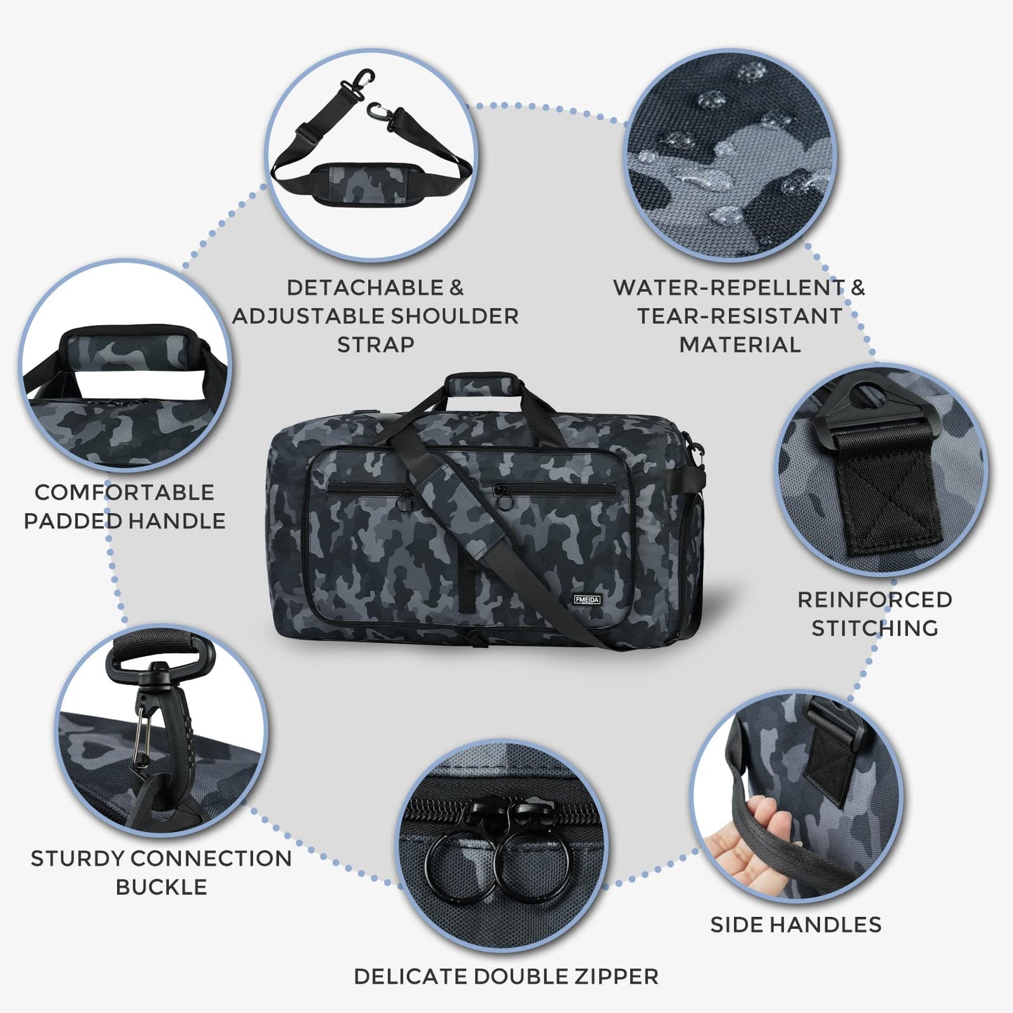 Fmeida 65L Duffle Bag with Shoes Compartment, Foldable Travel Duffel Bags for Men Women, Large Packable Travel Bag Water Repellent & Tear Resistant (Black)