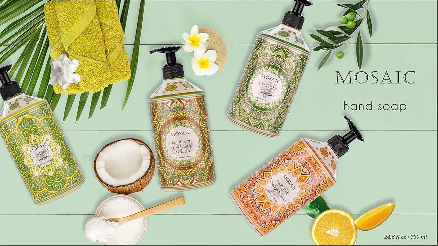 Mosaic Liquid Hand Soap / Wash Gift Set, Ideal Bathroom Kitchen Hand Soap Set , Olive Oil + Coconut & Hibiscus + Gardenia + Orange Blossom, 4 x 24.6 fl oz Each Liquid Soap Bottle