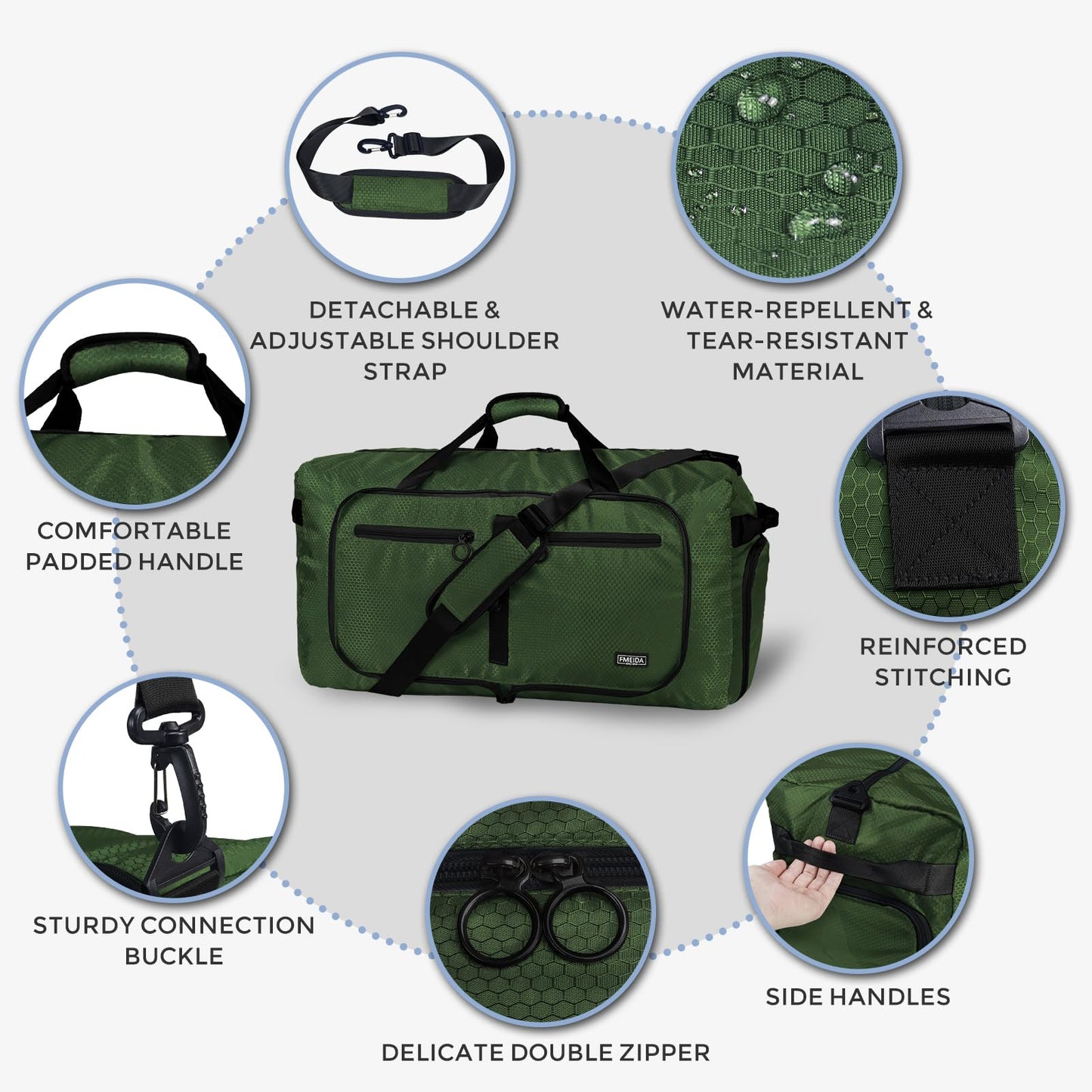 Fmeida 65L Duffle Bag with Shoes Compartment, Foldable Travel Duffel Bags for Men Women, Large Packable Travel Bag Water Repellent & Tear Resistant (Black)