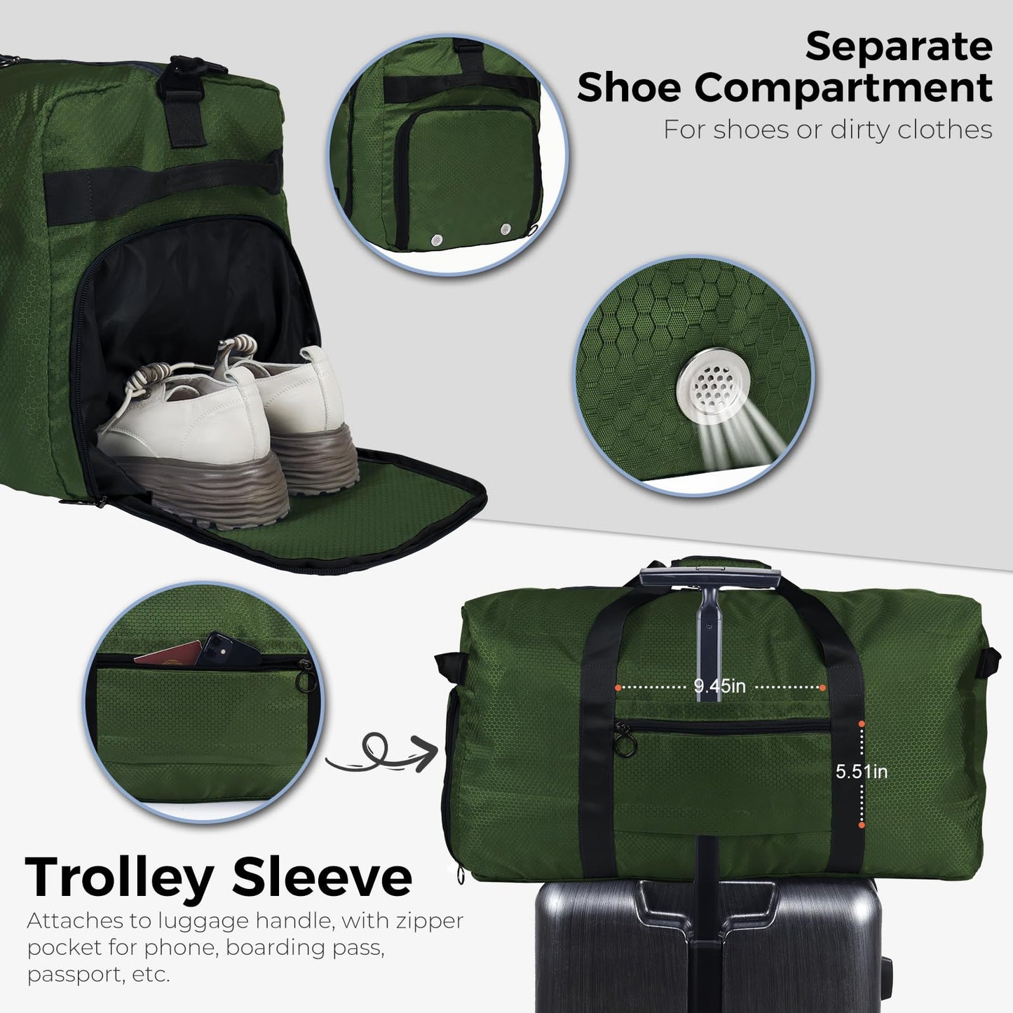 Fmeida 65L Duffle Bag with Shoes Compartment, Foldable Travel Duffel Bags for Men Women, Large Packable Travel Bag Water Repellent & Tear Resistant (Black)