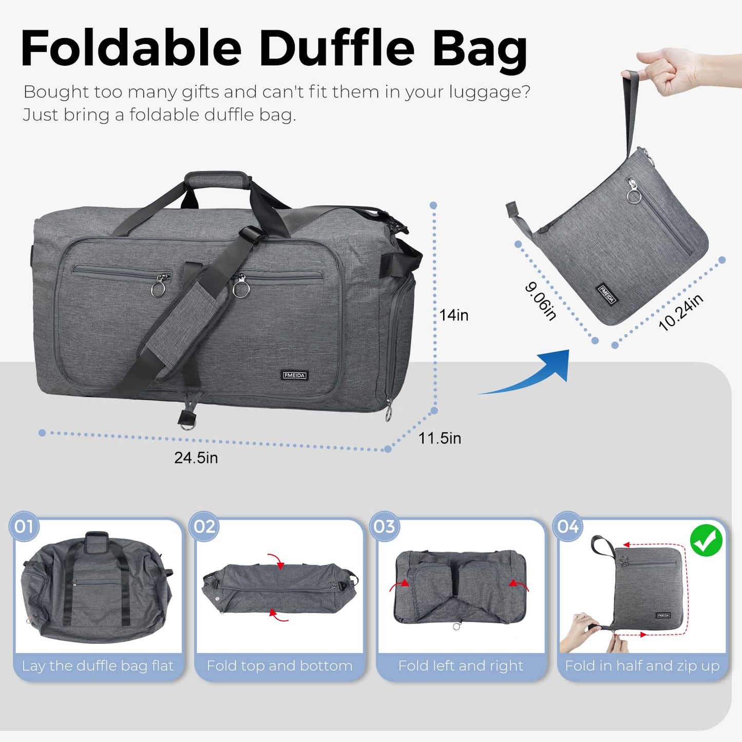 Fmeida 65L Duffle Bag with Shoes Compartment, Foldable Travel Duffel Bags for Men Women, Large Packable Travel Bag Water Repellent & Tear Resistant (Black)