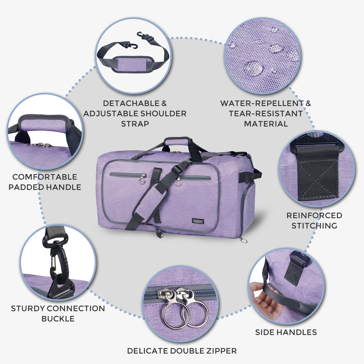 Fmeida 65L Duffle Bag with Shoes Compartment, Foldable Travel Duffel Bags for Men Women, Large Packable Travel Bag Water Repellent & Tear Resistant (Black)