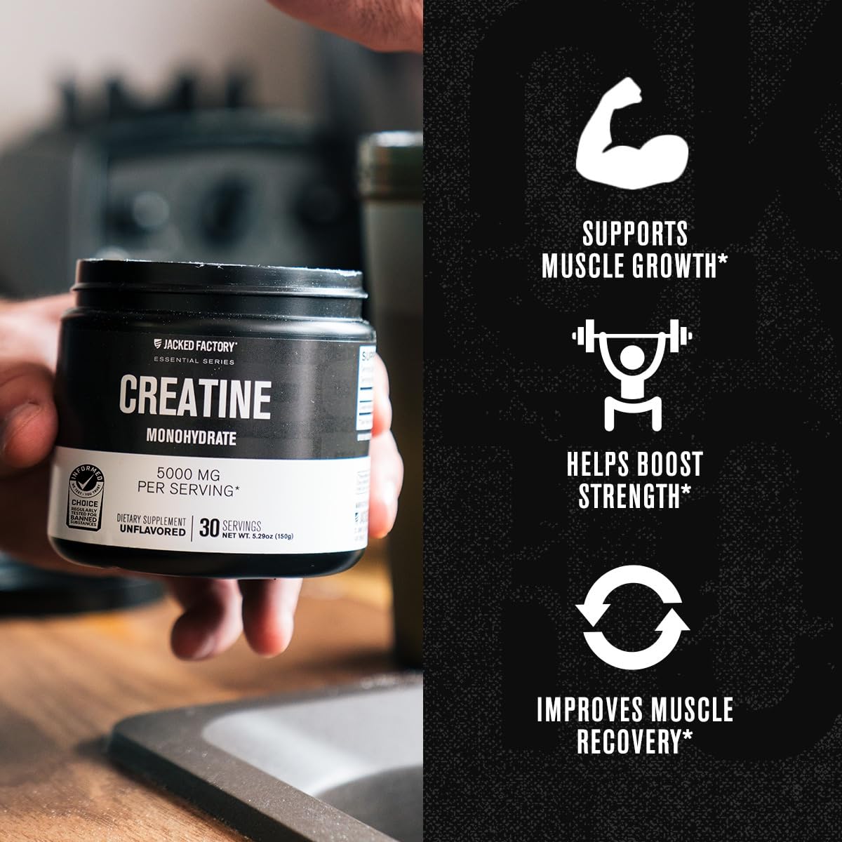 Jacked Factory Creatine Monohydrate Powder 150g - 5g Daily Creatine Supplement for Men and Women, Vegan-Friendly, Third-Party Tested - 30 Servings, Unflavored