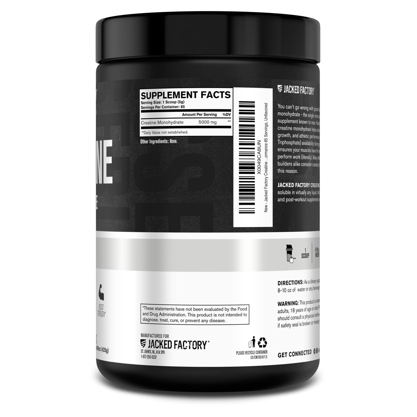 Jacked Factory Creatine Monohydrate Powder 150g - 5g Daily Creatine Supplement for Men and Women, Vegan-Friendly, Third-Party Tested - 30 Servings, Unflavored