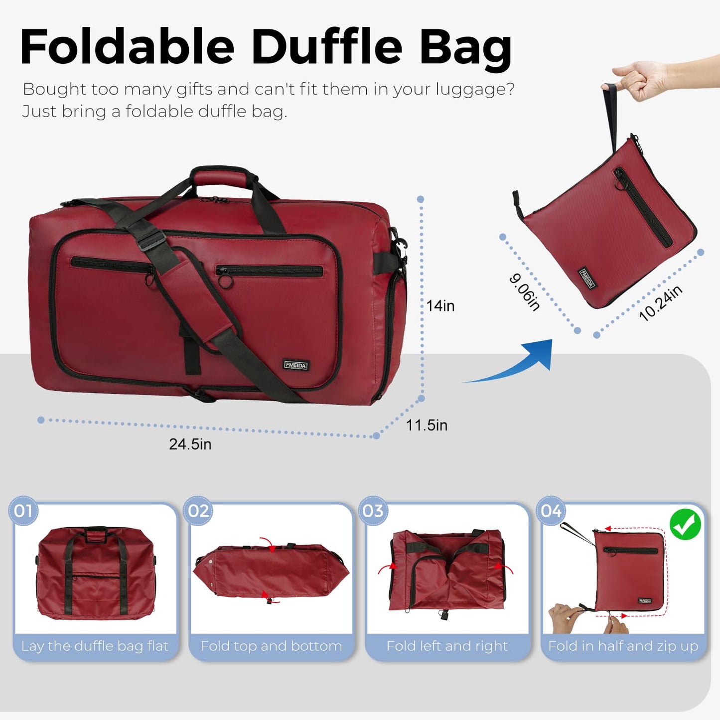 Fmeida 65L Duffle Bag with Shoes Compartment, Foldable Travel Duffel Bags for Men Women, Large Packable Travel Bag Water Repellent & Tear Resistant (Black)