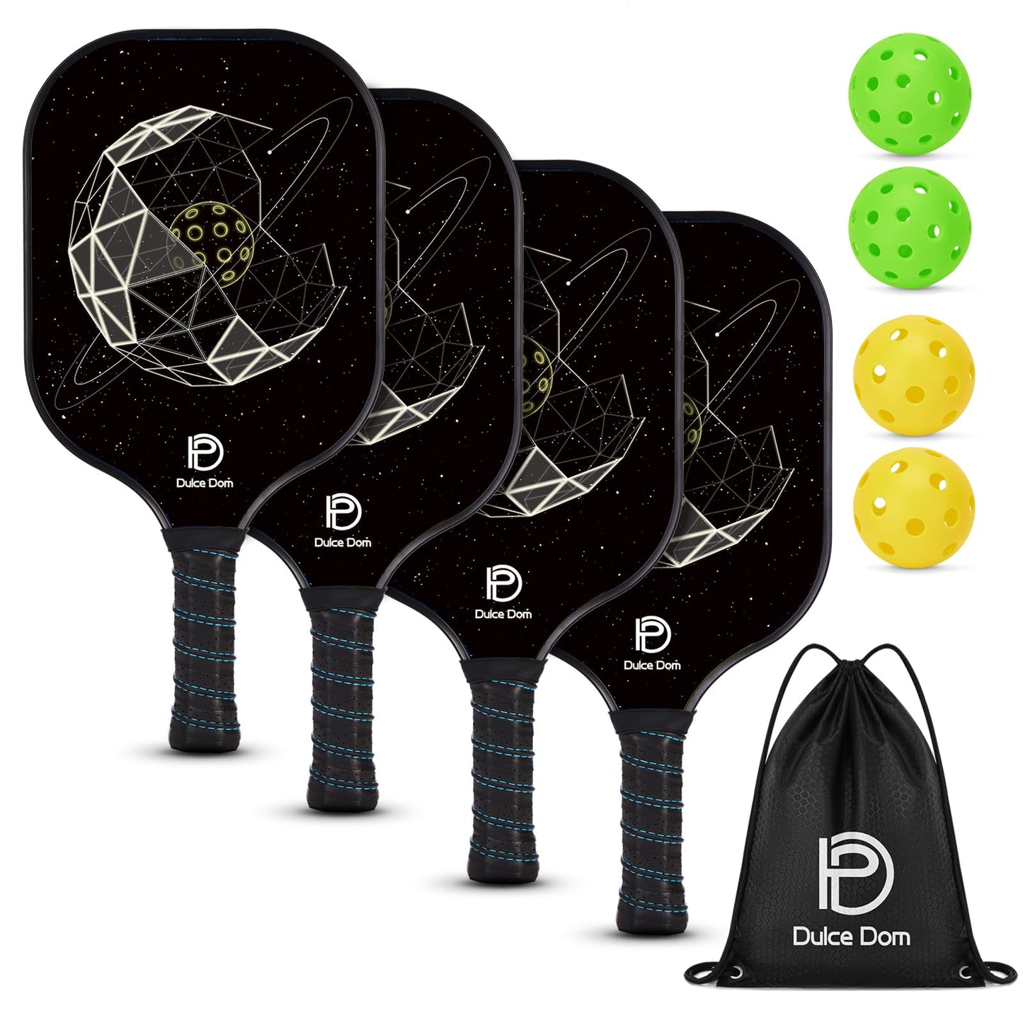 DULCE DOM Pickleball Paddles Set of 2/4 - USAPA Approved, Fiberglass/Carbon Fiber Pickleball Racket with 4 Indoor Outdoor Pickleball Balls and Pickleball Bag, Ideal Pickleball Training Equipment