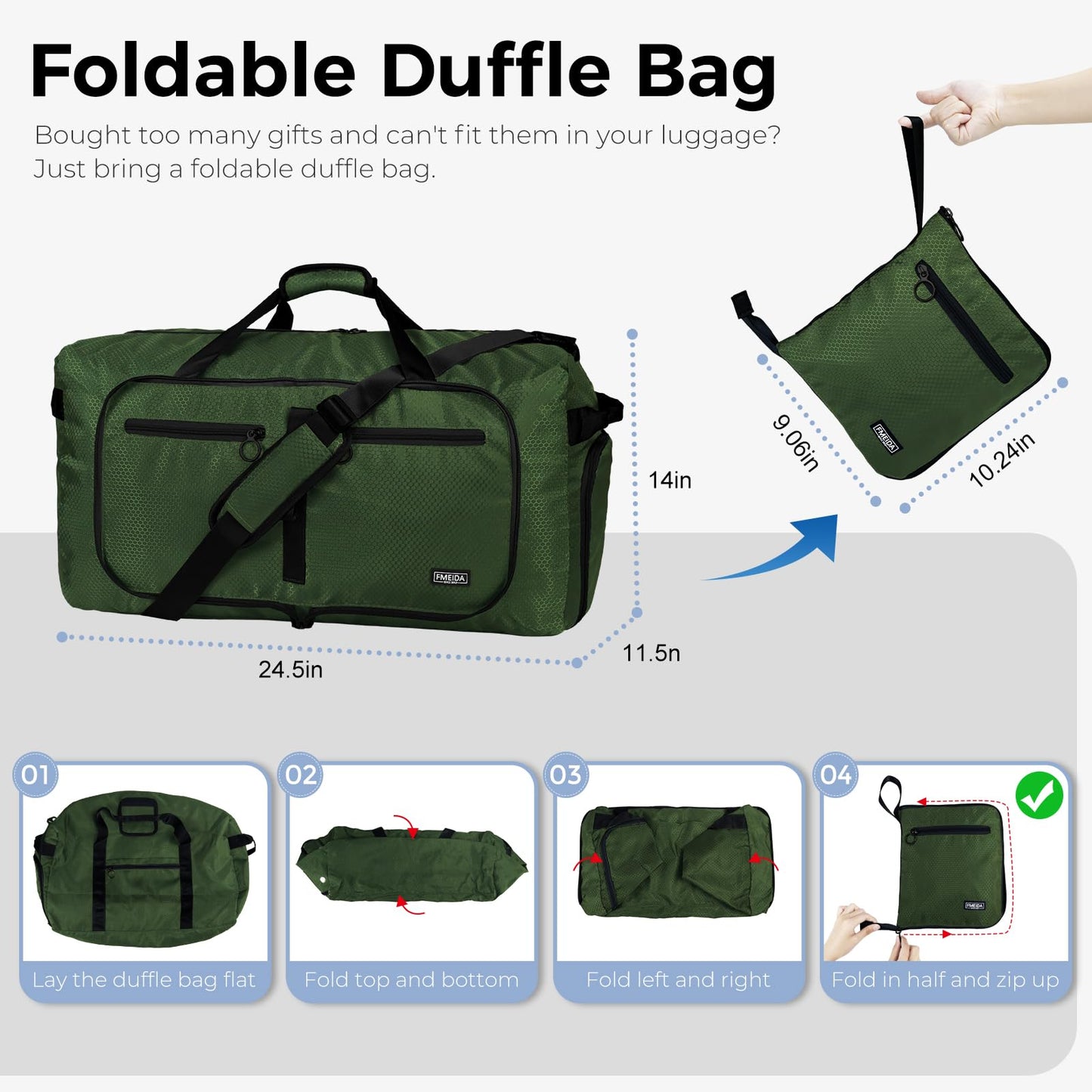 Fmeida 65L Duffle Bag with Shoes Compartment, Foldable Travel Duffel Bags for Men Women, Large Packable Travel Bag Water Repellent & Tear Resistant (Black)