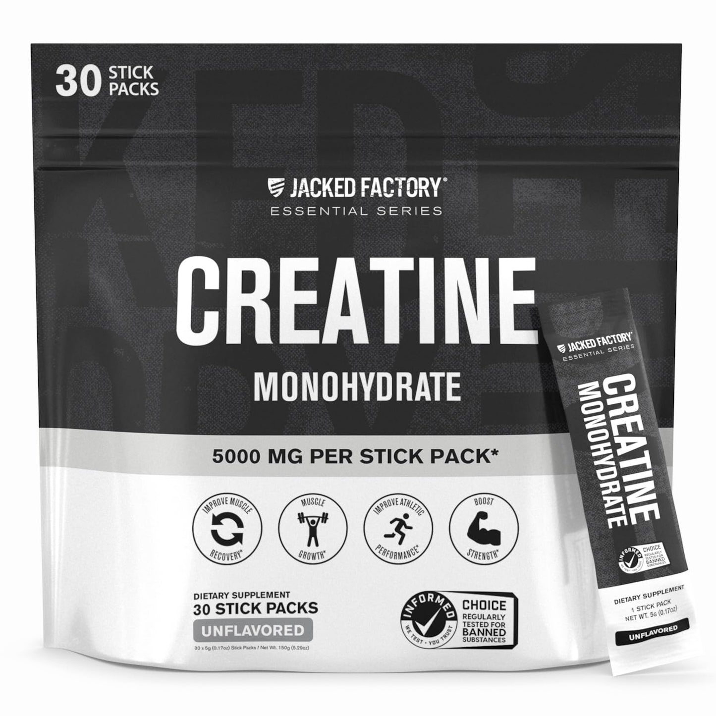 Jacked Factory Creatine Monohydrate Powder 150g - 5g Daily Creatine Supplement for Men and Women, Vegan-Friendly, Third-Party Tested - 30 Servings, Unflavored