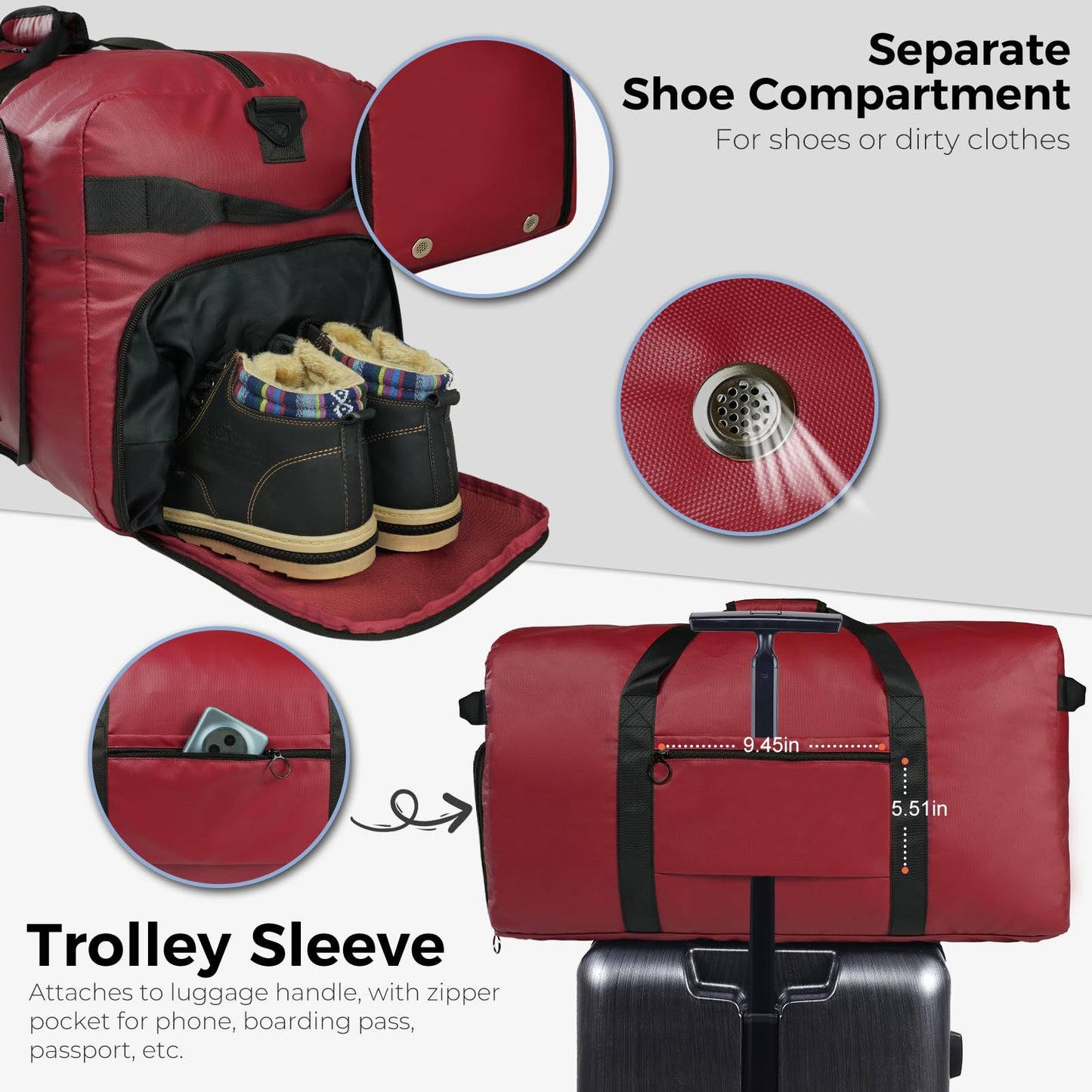 Fmeida 65L Duffle Bag with Shoes Compartment, Foldable Travel Duffel Bags for Men Women, Large Packable Travel Bag Water Repellent & Tear Resistant (Black)