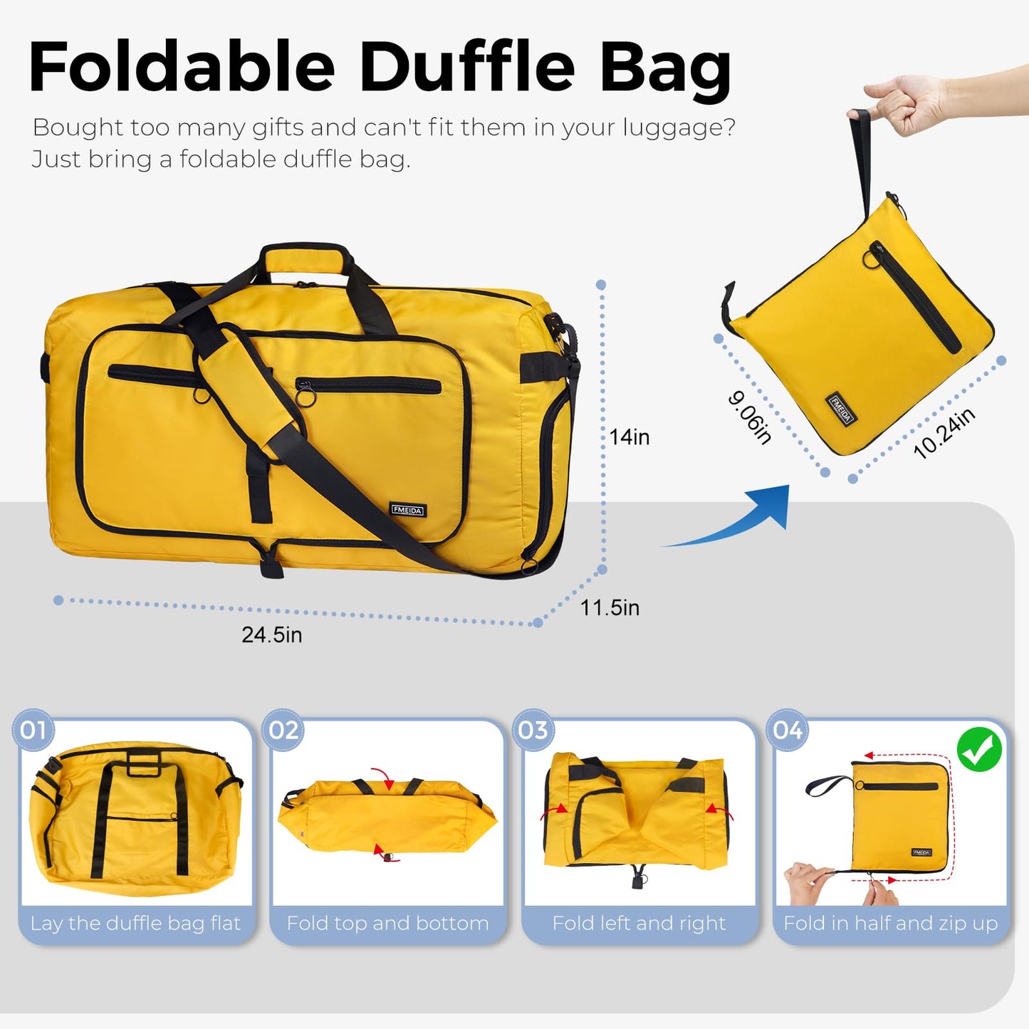 Fmeida 65L Duffle Bag with Shoes Compartment, Foldable Travel Duffel Bags for Men Women, Large Packable Travel Bag Water Repellent & Tear Resistant (Black)