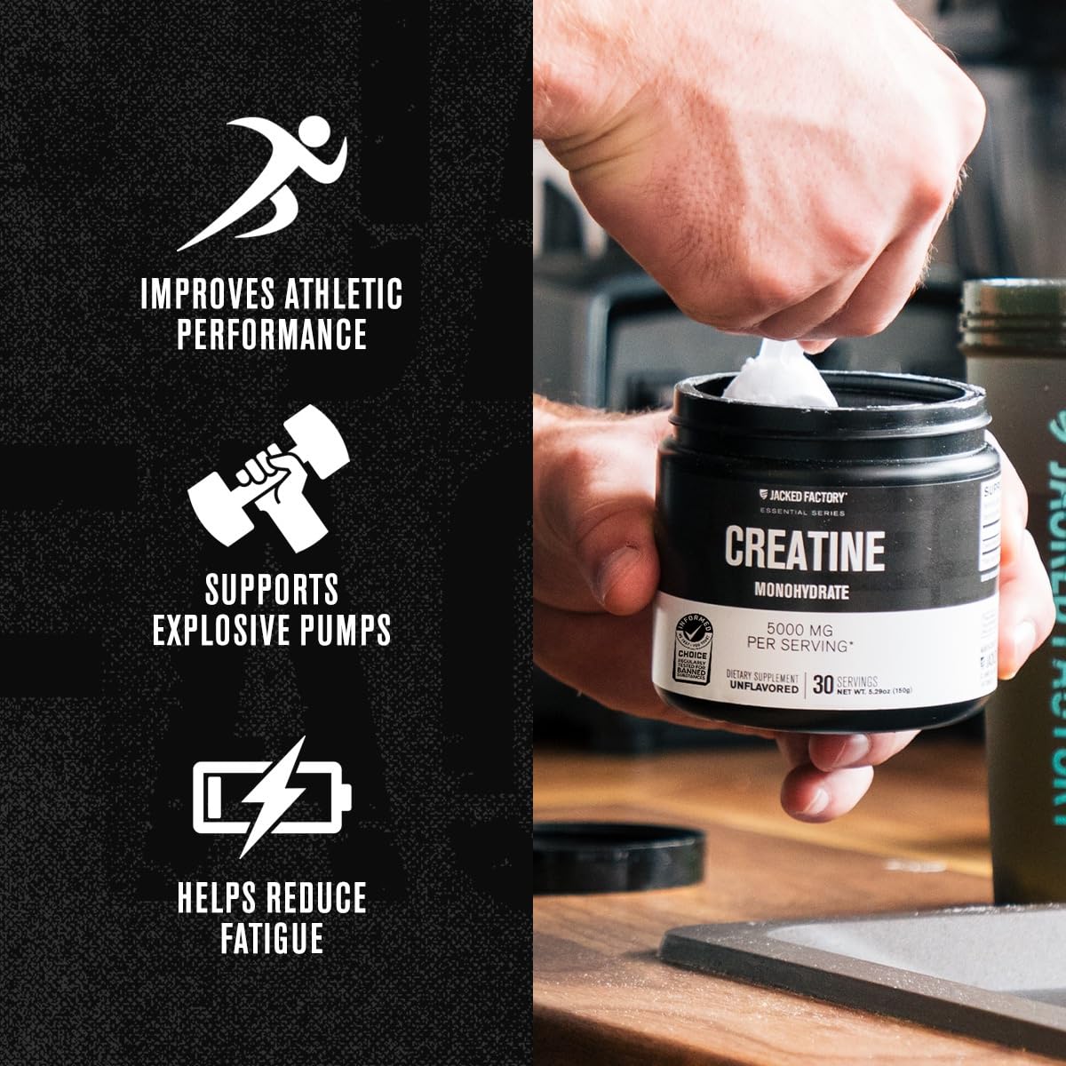 Jacked Factory Creatine Monohydrate Powder 150g - 5g Daily Creatine Supplement for Men and Women, Vegan-Friendly, Third-Party Tested - 30 Servings, Unflavored