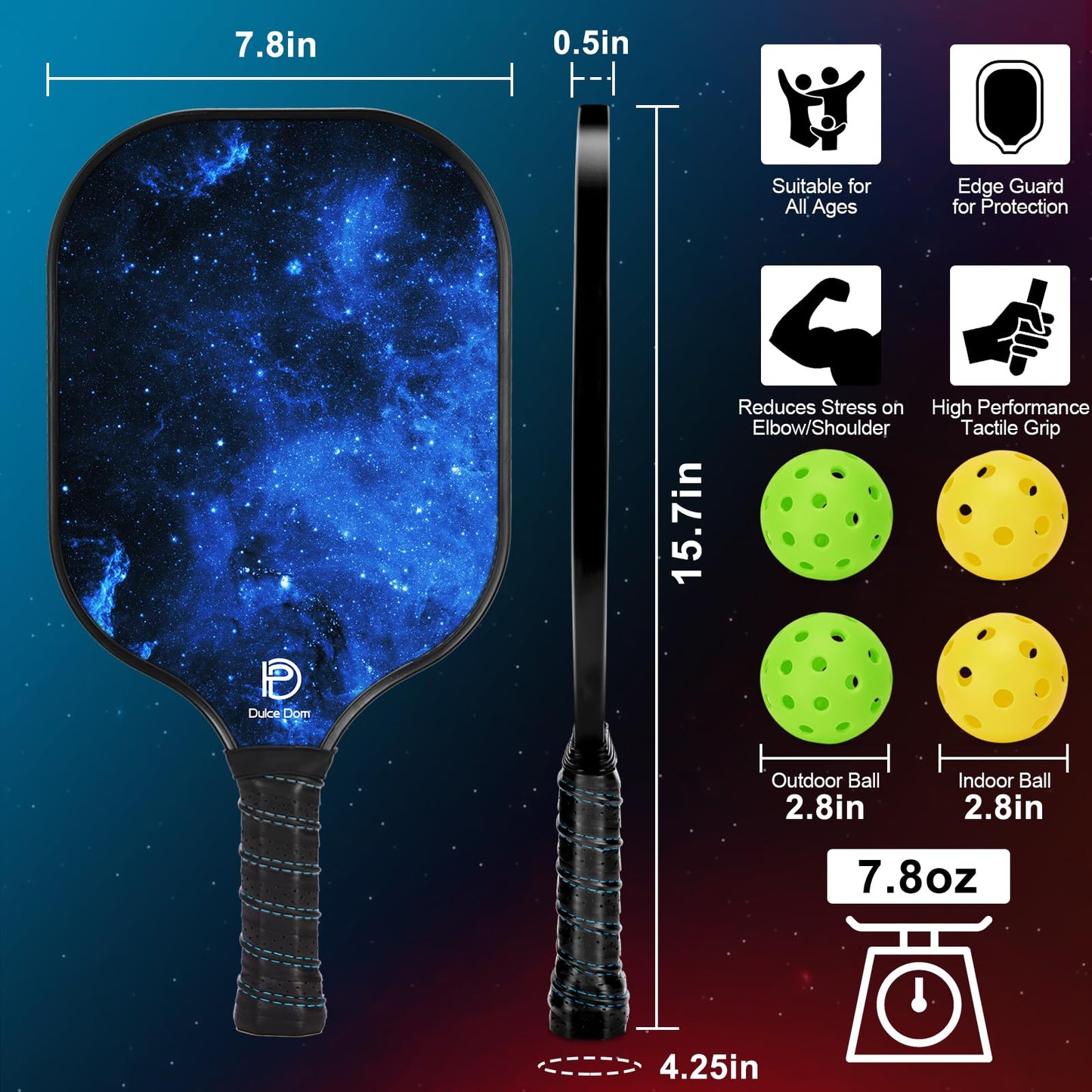 DULCE DOM Pickleball Paddles Set of 2/4 - USAPA Approved, Fiberglass/Carbon Fiber Pickleball Racket with 4 Indoor Outdoor Pickleball Balls and Pickleball Bag, Ideal Pickleball Training Equipment