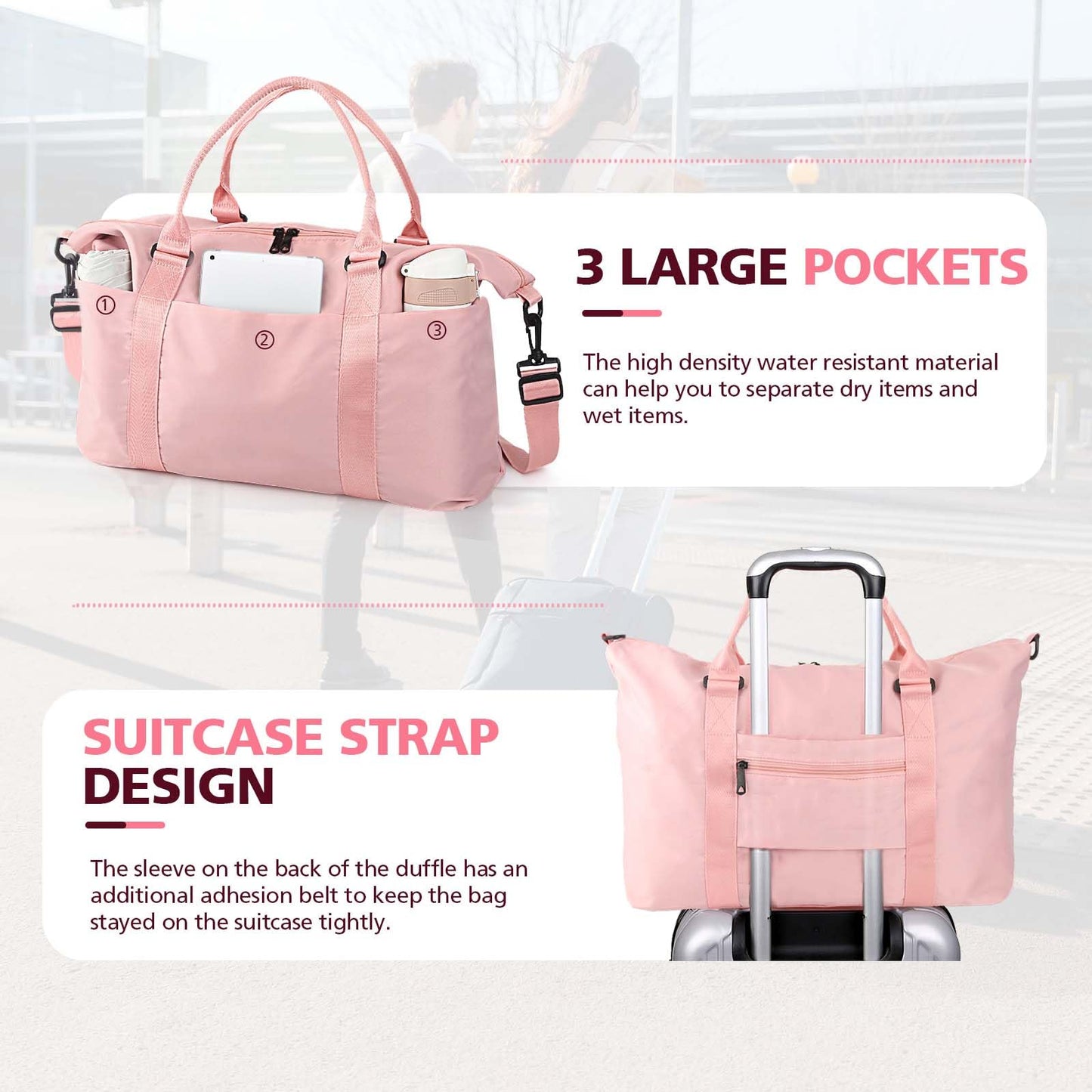 TOPBAG Travel Duffle Bag, Waterproof Weekender Carry On Tote Bags for Women, Sport Gym Bag for Men, Hospital Bag for Labor and Delivery, Overnight Luggage Bag with Trolley Sleeve Coral Pink