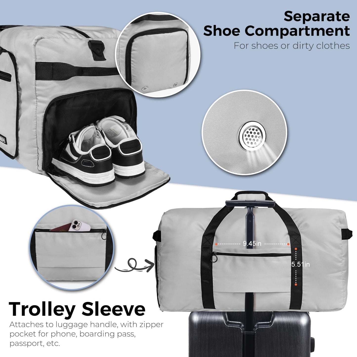 Fmeida 65L Duffle Bag with Shoes Compartment, Foldable Travel Duffel Bags for Men Women, Large Packable Travel Bag Water Repellent & Tear Resistant (Black)