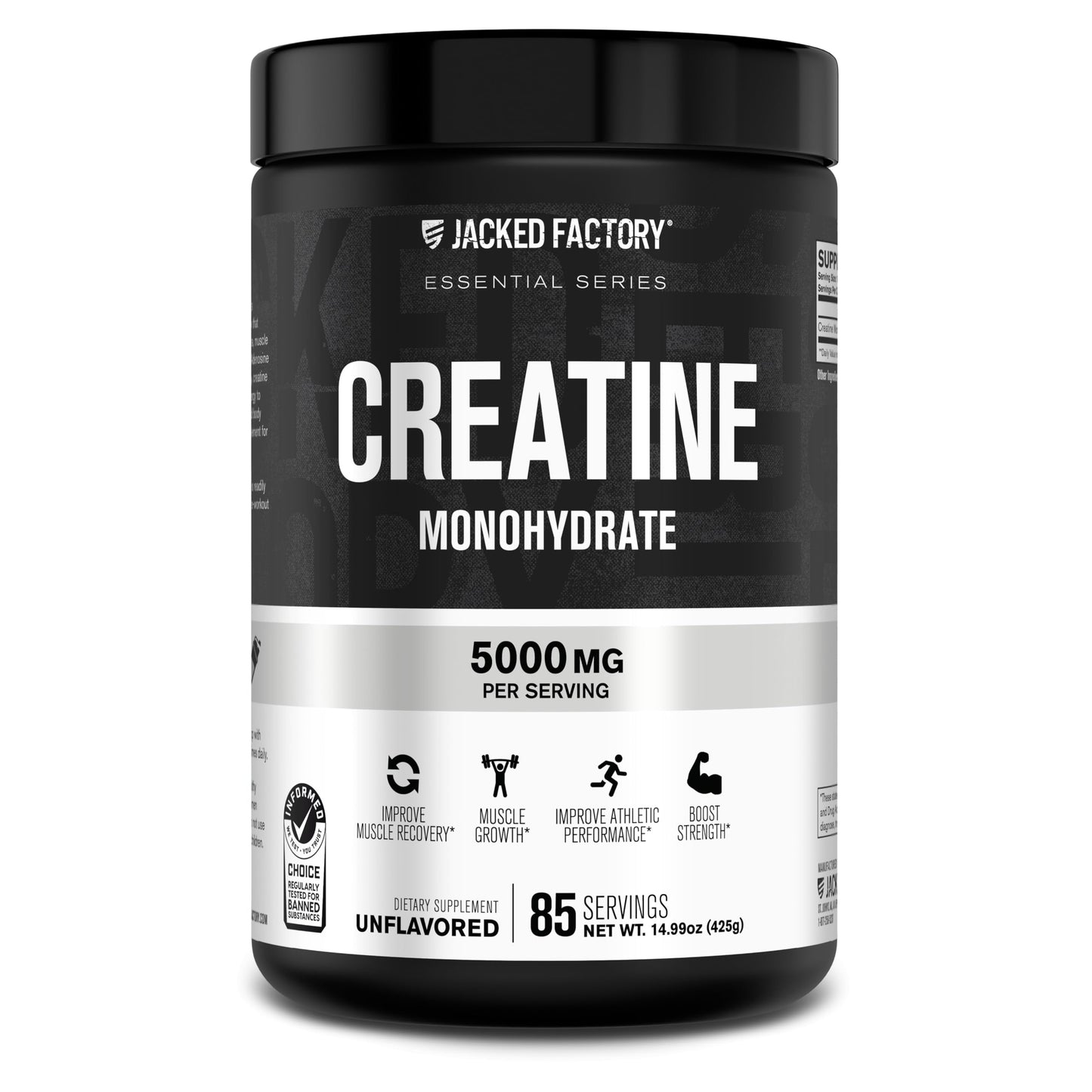 Jacked Factory Creatine Monohydrate Powder 150g - 5g Daily Creatine Supplement for Men and Women, Vegan-Friendly, Third-Party Tested - 30 Servings, Unflavored