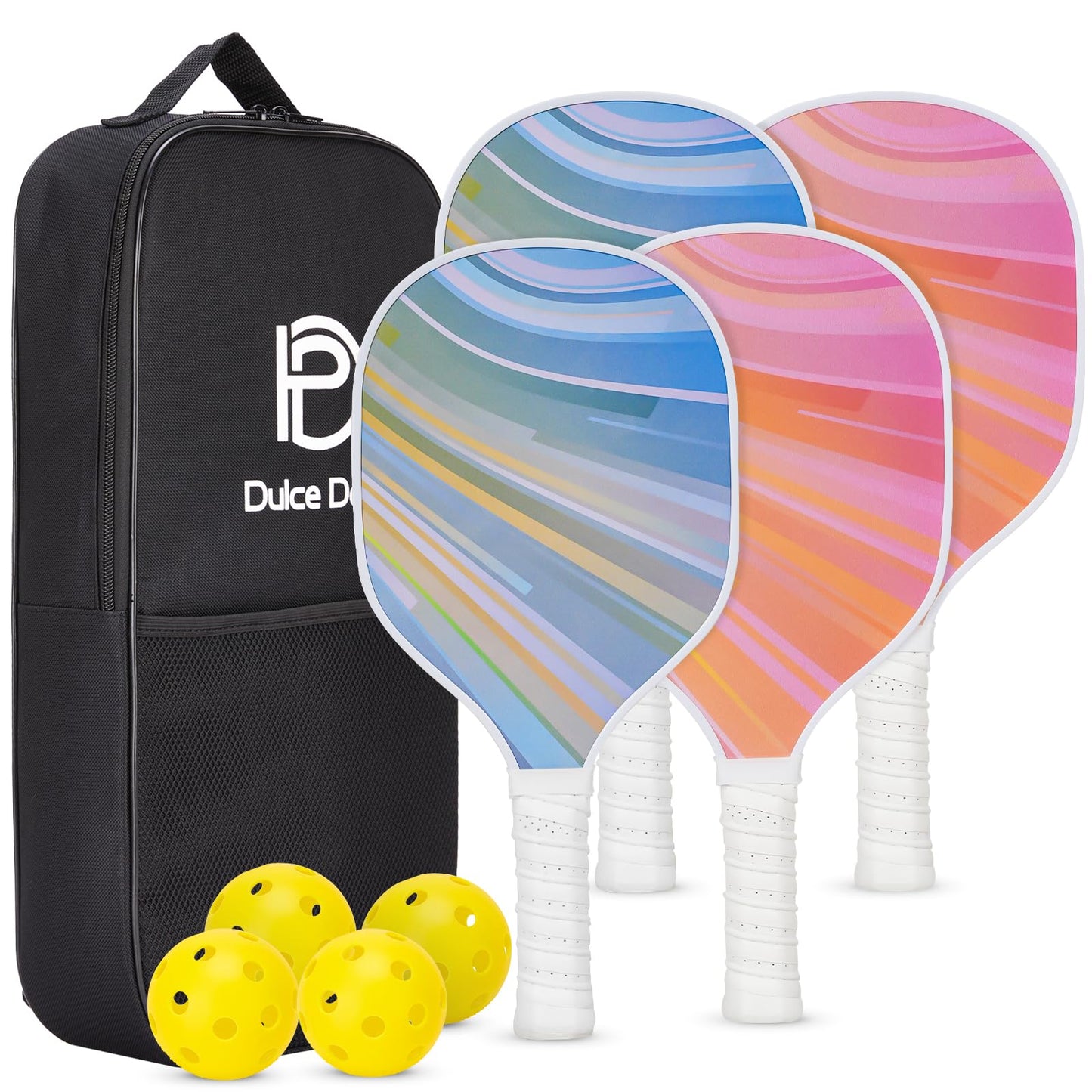 DULCE DOM Pickleball Paddles Set of 2/4 - USAPA Approved, Fiberglass/Carbon Fiber Pickleball Racket with 4 Indoor Outdoor Pickleball Balls and Pickleball Bag, Ideal Pickleball Training Equipment