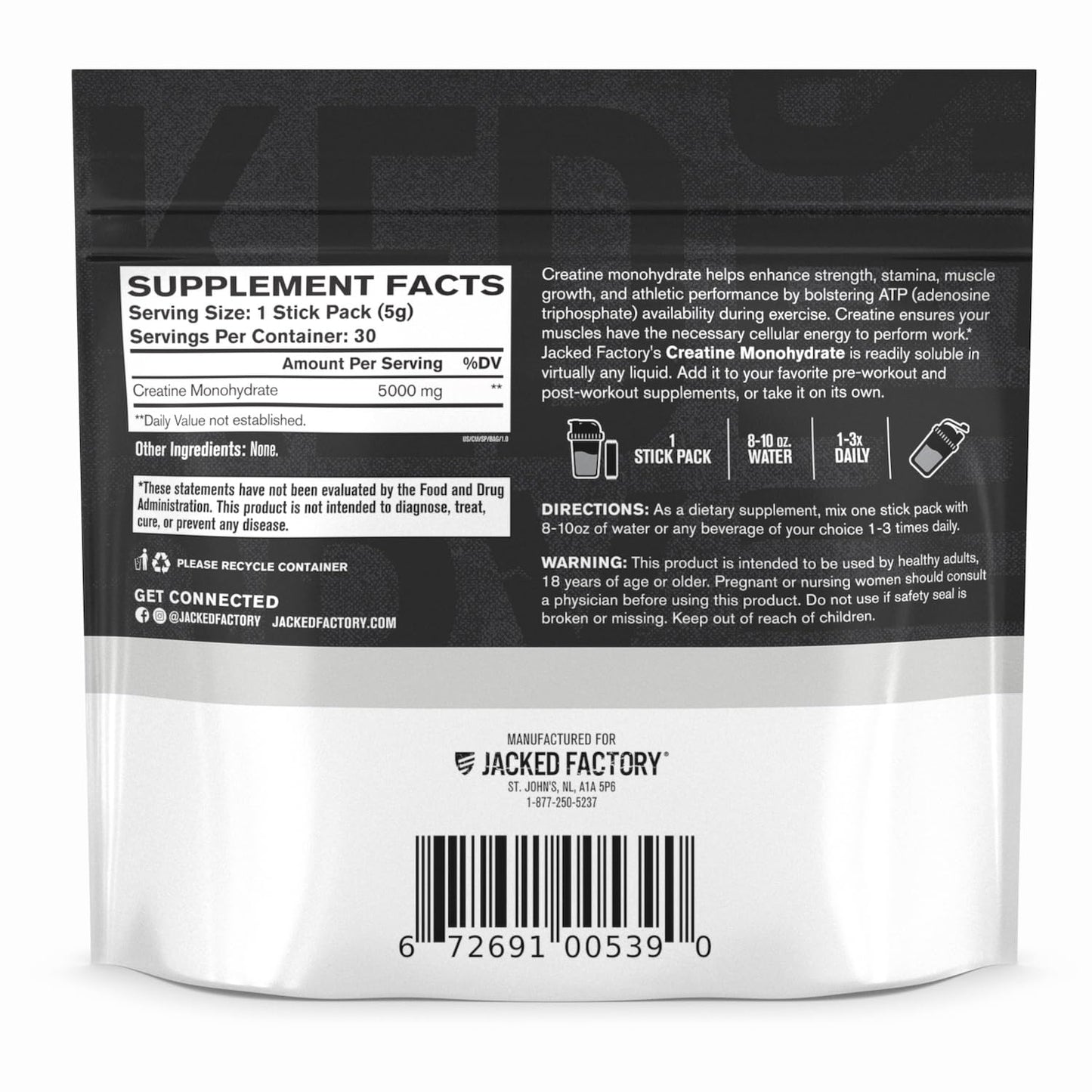 Jacked Factory Creatine Monohydrate Powder 150g - 5g Daily Creatine Supplement for Men and Women, Vegan-Friendly, Third-Party Tested - 30 Servings, Unflavored