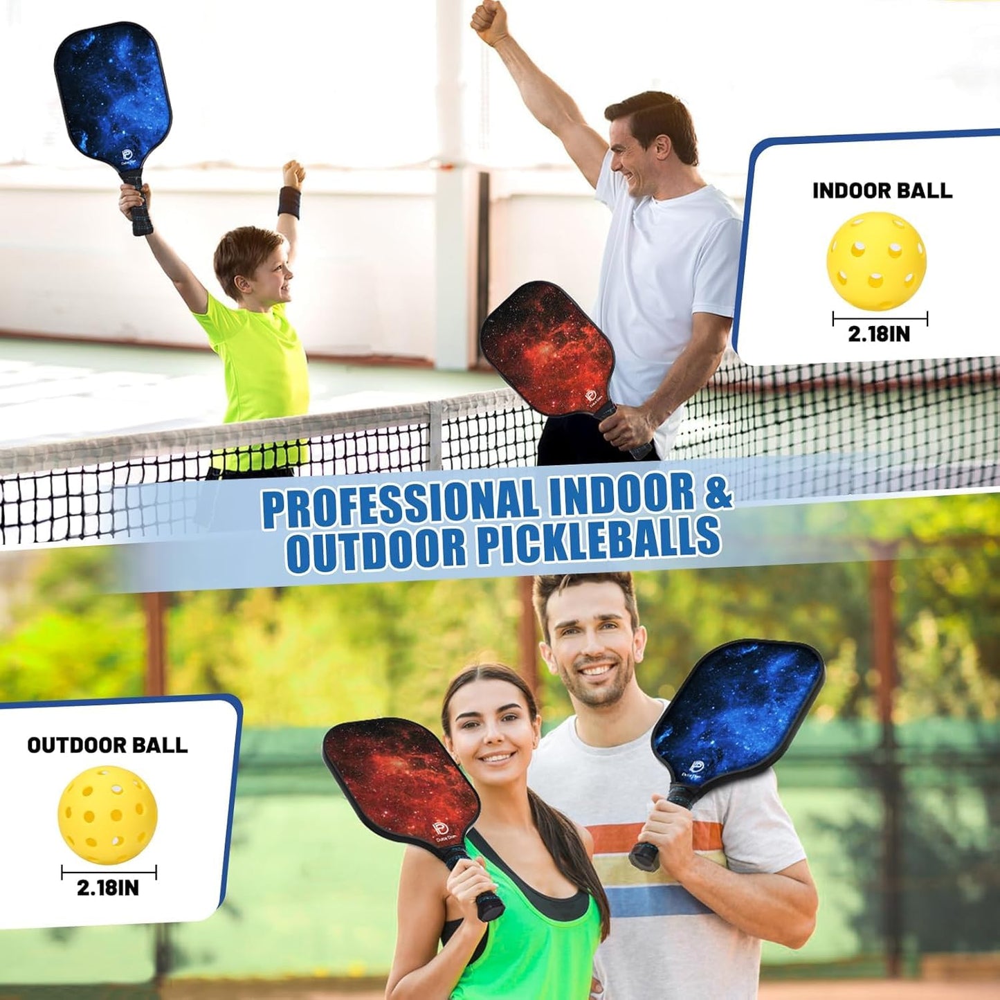DULCE DOM Pickleball Paddles Set of 2/4 - USAPA Approved, Fiberglass/Carbon Fiber Pickleball Racket with 4 Indoor Outdoor Pickleball Balls and Pickleball Bag, Ideal Pickleball Training Equipment