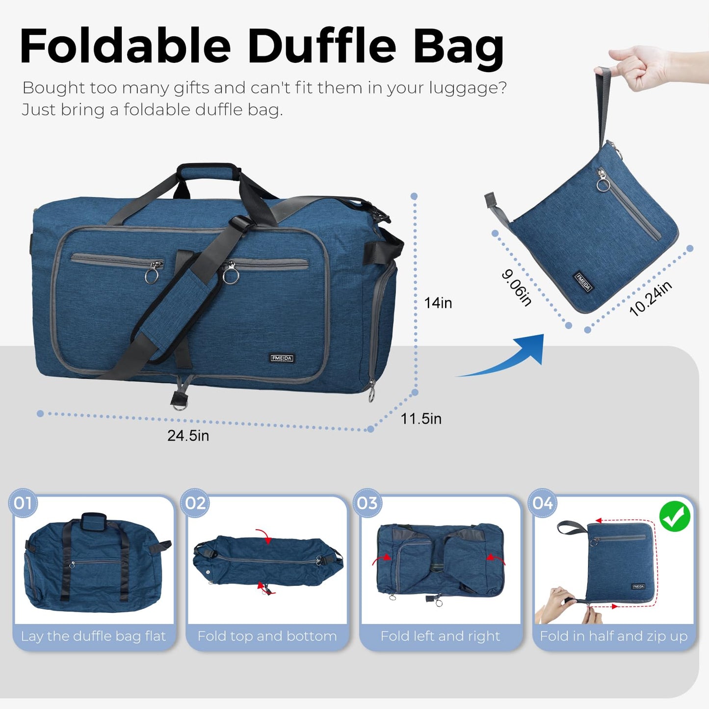 Fmeida 65L Duffle Bag with Shoes Compartment, Foldable Travel Duffel Bags for Men Women, Large Packable Travel Bag Water Repellent & Tear Resistant (Black)