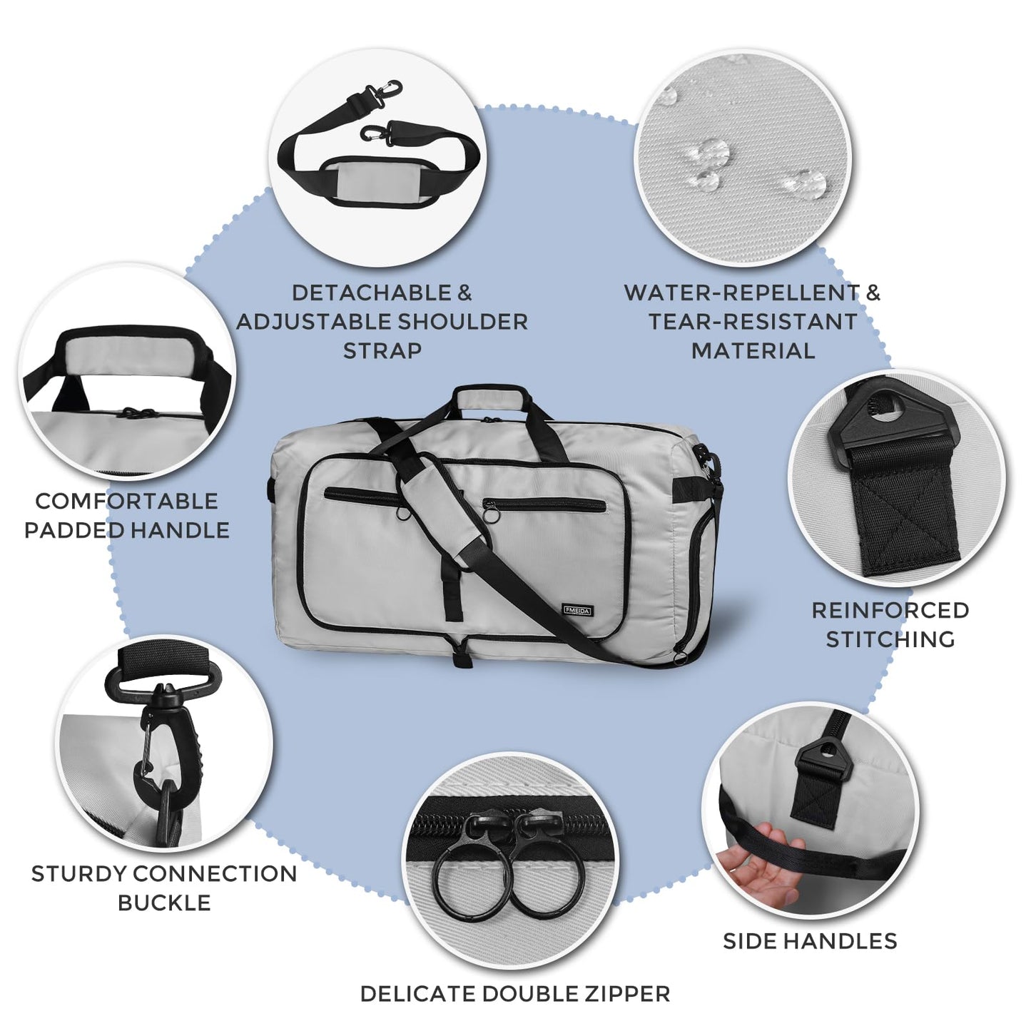 Fmeida 65L Duffle Bag with Shoes Compartment, Foldable Travel Duffel Bags for Men Women, Large Packable Travel Bag Water Repellent & Tear Resistant (Black)