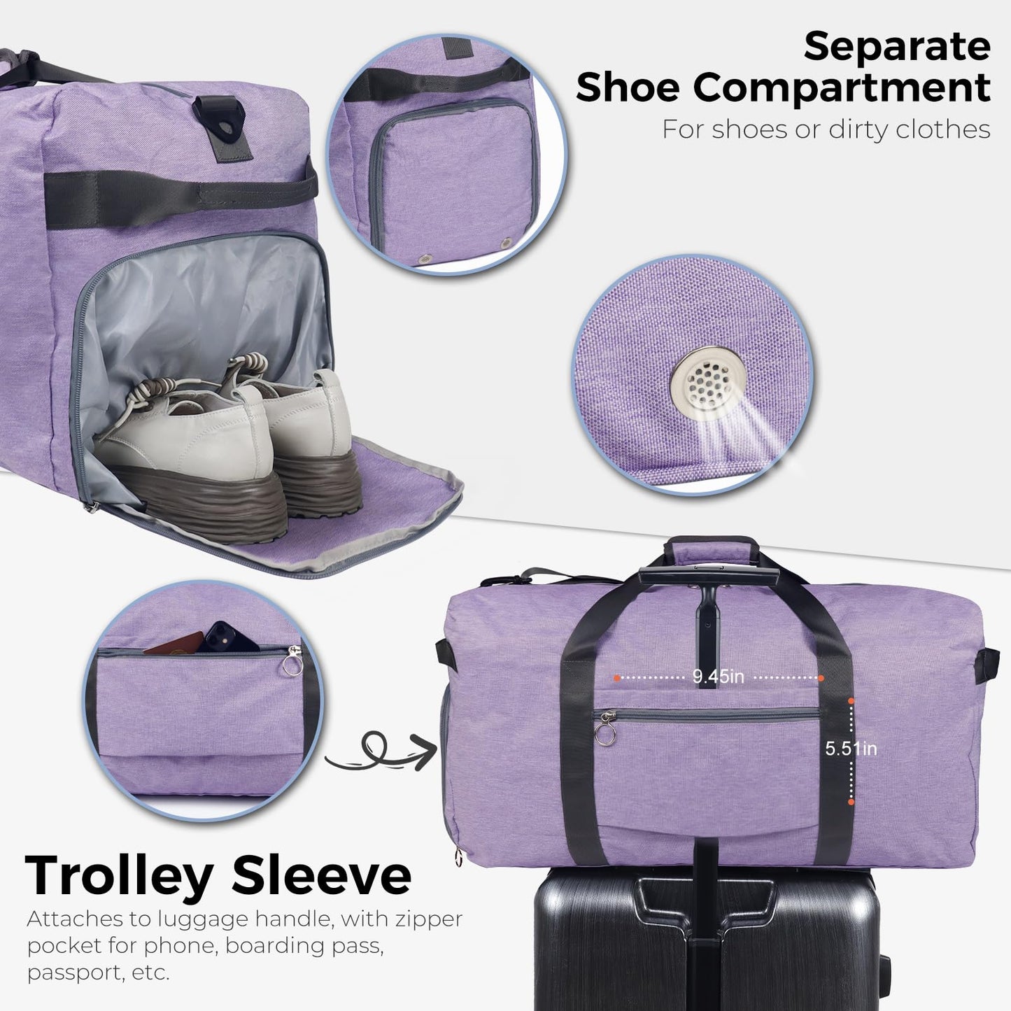 Fmeida 65L Duffle Bag with Shoes Compartment, Foldable Travel Duffel Bags for Men Women, Large Packable Travel Bag Water Repellent & Tear Resistant (Black)