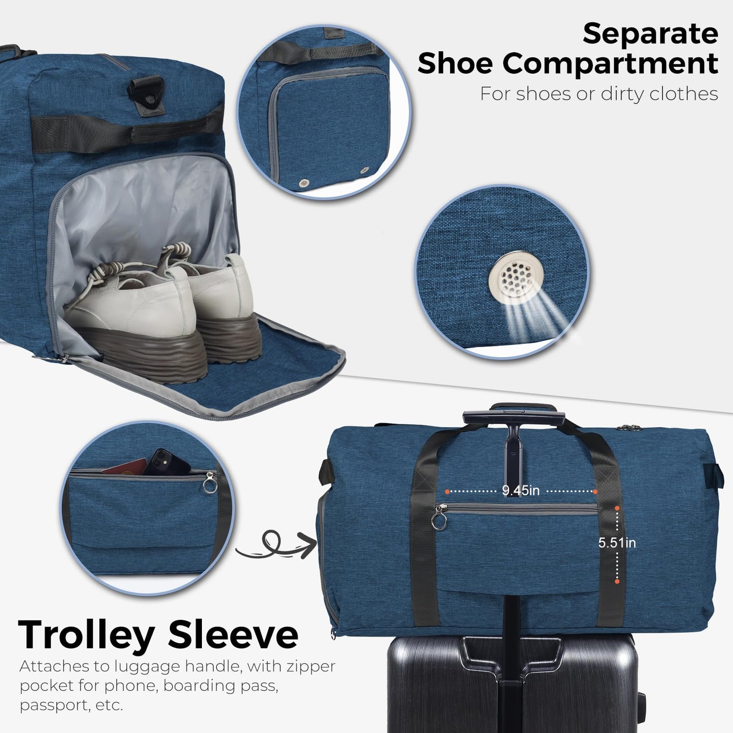 Fmeida 65L Duffle Bag with Shoes Compartment, Foldable Travel Duffel Bags for Men Women, Large Packable Travel Bag Water Repellent & Tear Resistant (Black)